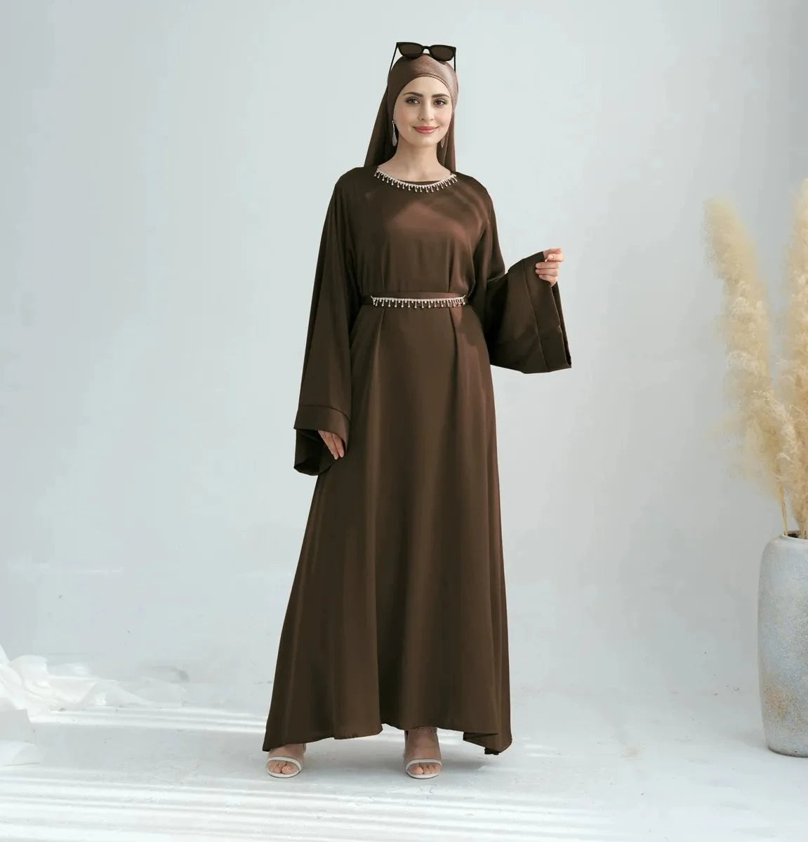 Elegant Crystal Belt Satin Abaya Dress with Matching Hijab & Necklace Set - Perfect for Eid, Weddings & Special Occasions