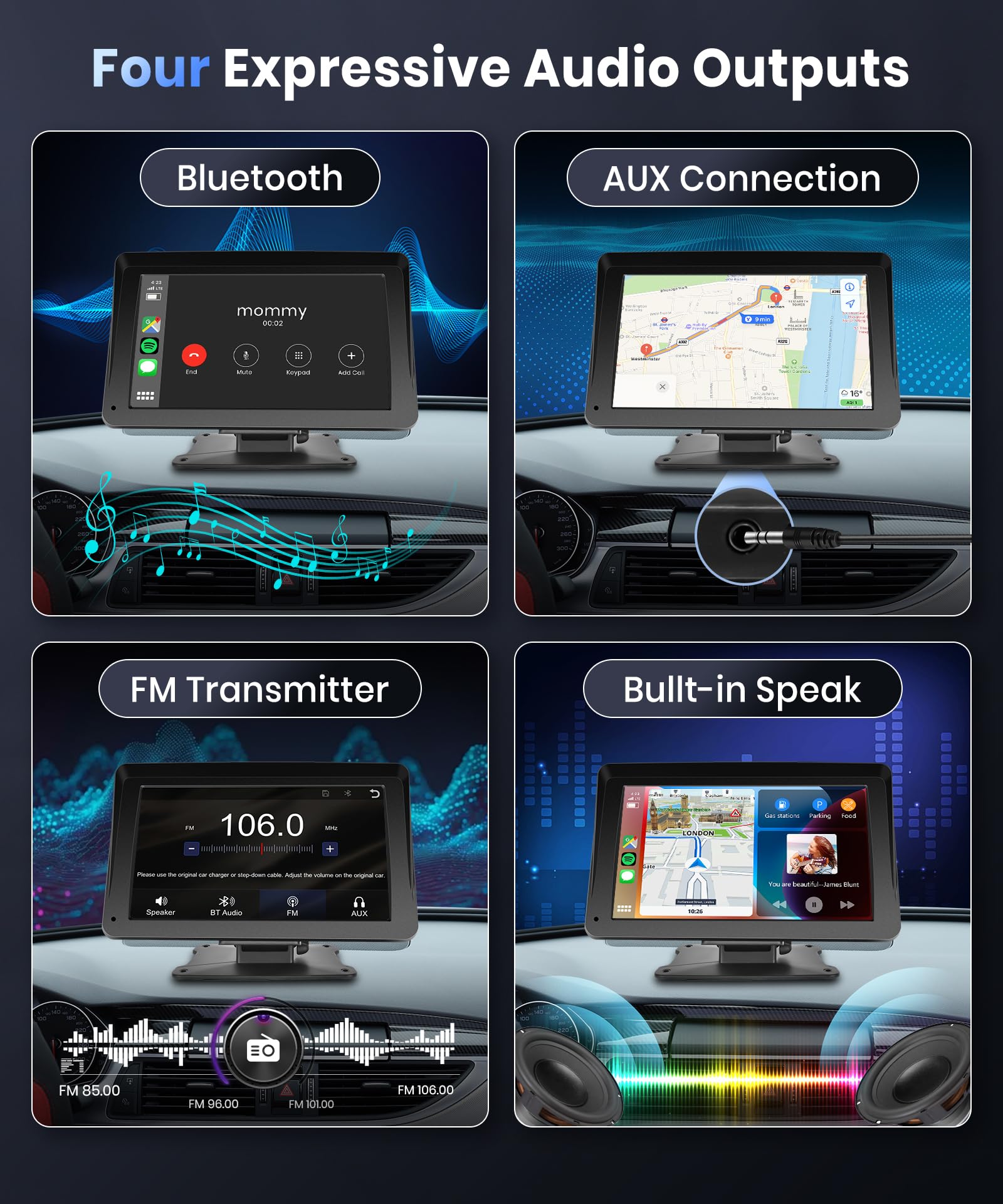 Podofo 7-inch Wireless CarPlay & Android Auto Portable Car Stereo with Bluetooth, Mirror Link, GPS, Siri, FM, AUX & Telescopic Bracket - Hands-Free Touch Screen for Safer Driving & Entertainment