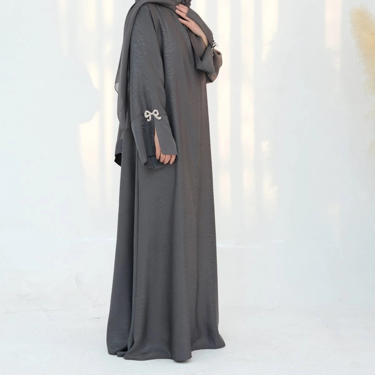 Elegant Jacquard Satin Bow Abaya Dress #25006 - Modest Muslim Women's Prayer Dress for Special Occasions & Daily Wear