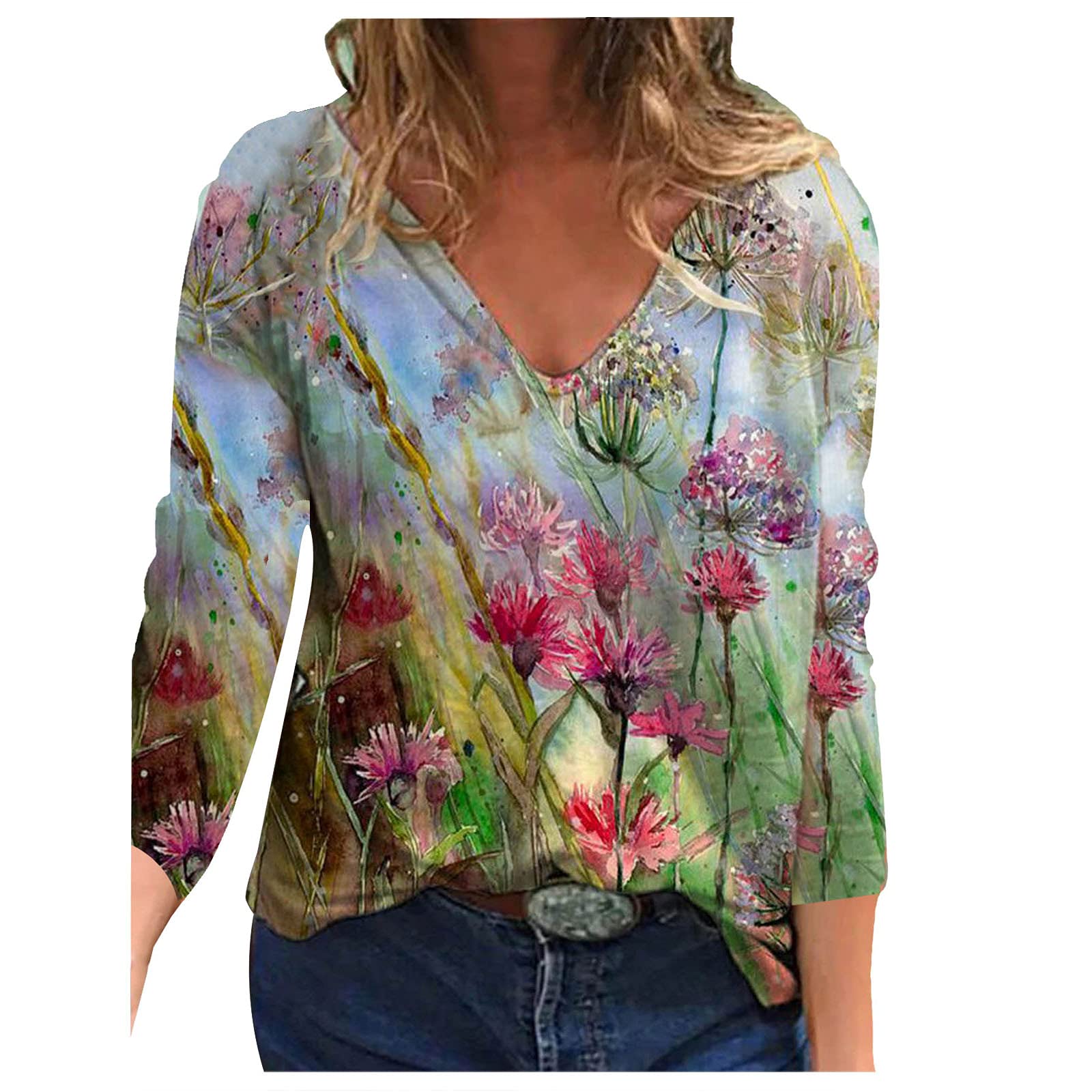 Women's Casual Short Sleeve V-Neck Floral Graphic T-Shirt - Loose Fit Comfortable Summer Tunic Top Blouse for Outdoors, Travel & Everyday Wear