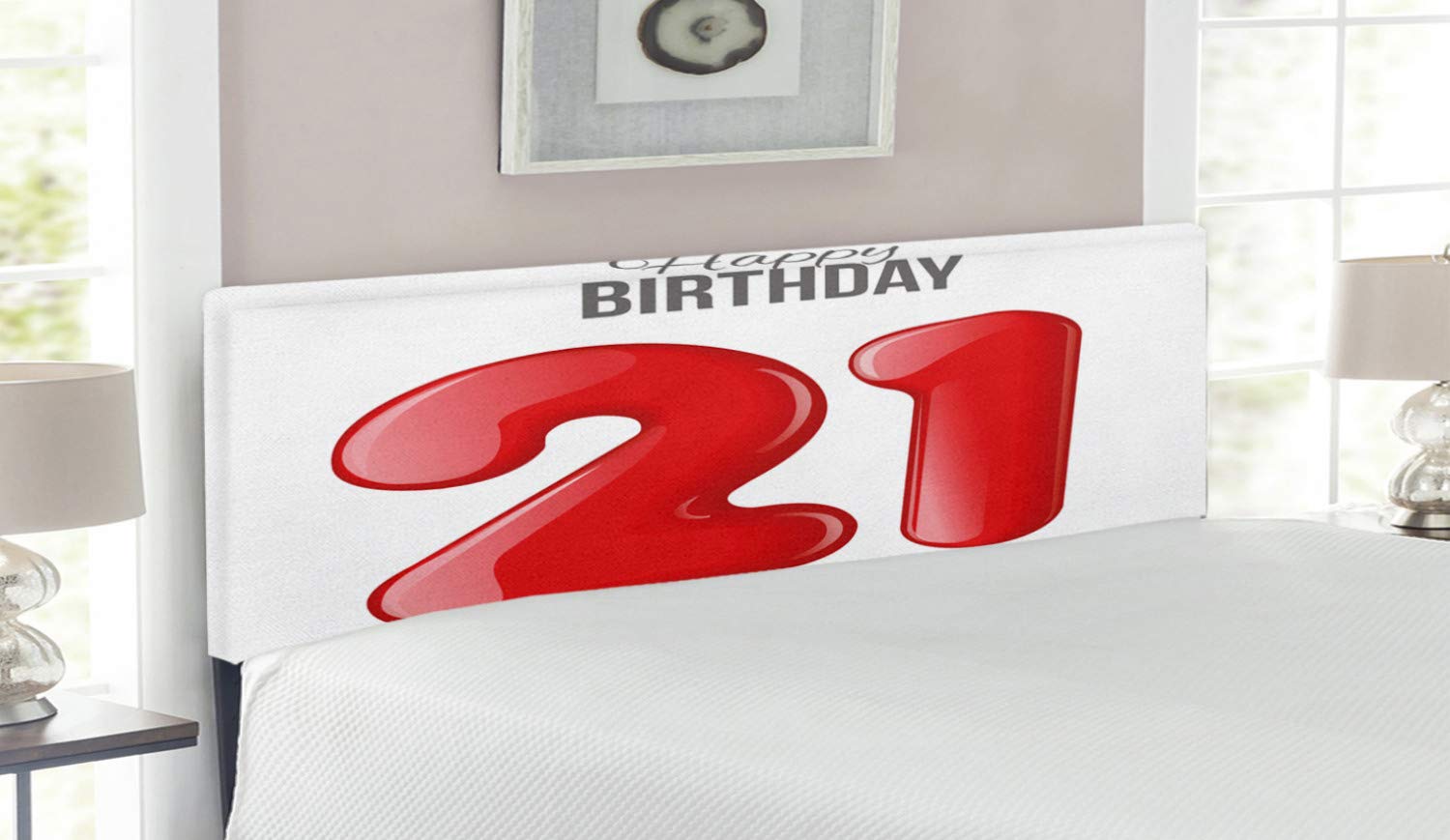 Ambesonne 21st Birthday Headboard - Handwritten Happy Birthday Design for Teen Party Decor, Upholstered Metal Bed Headboard with Memory Foam, Queen Size in Charcoal Grey & White | Perfect for Birthday Room Decorations & Teen Bedroom Makeovers