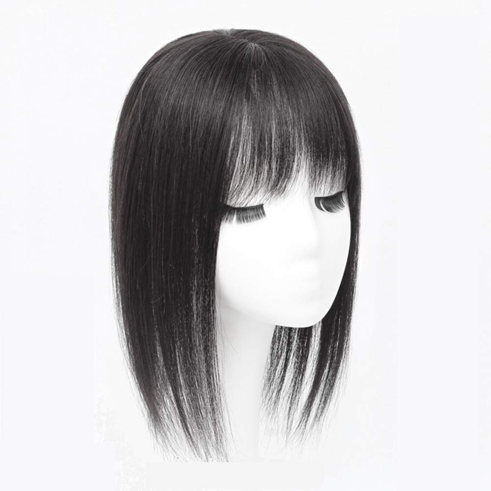 Maery Silktop Base Human Hair Toppers with Bangs - 12x12cm Diamond Base Clip-in Hairpiece for Women with Hair Loss - 14 Inch Black Hair Topper Wiglet | Perfect for Thinning Hair, Daily Wear & Special Occasions