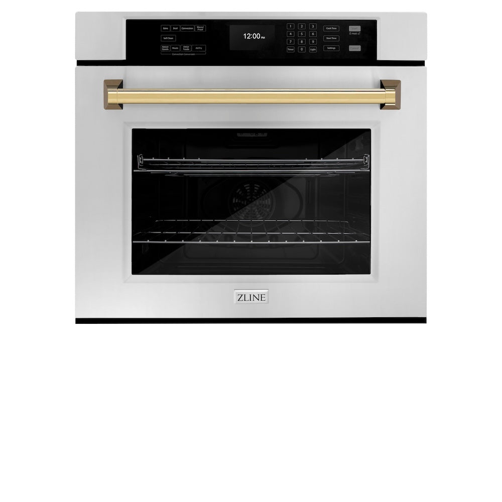 ZLINE Autograph Edition 30 Inch Professional True Convection Single Wall Oven with Air Fry & Self Clean - Stainless Steel with Polished Gold Handle (WASZ 30 G) | Perfect for Home Chefs & Modern Kitchens | Baking, Roasting & Air Frying