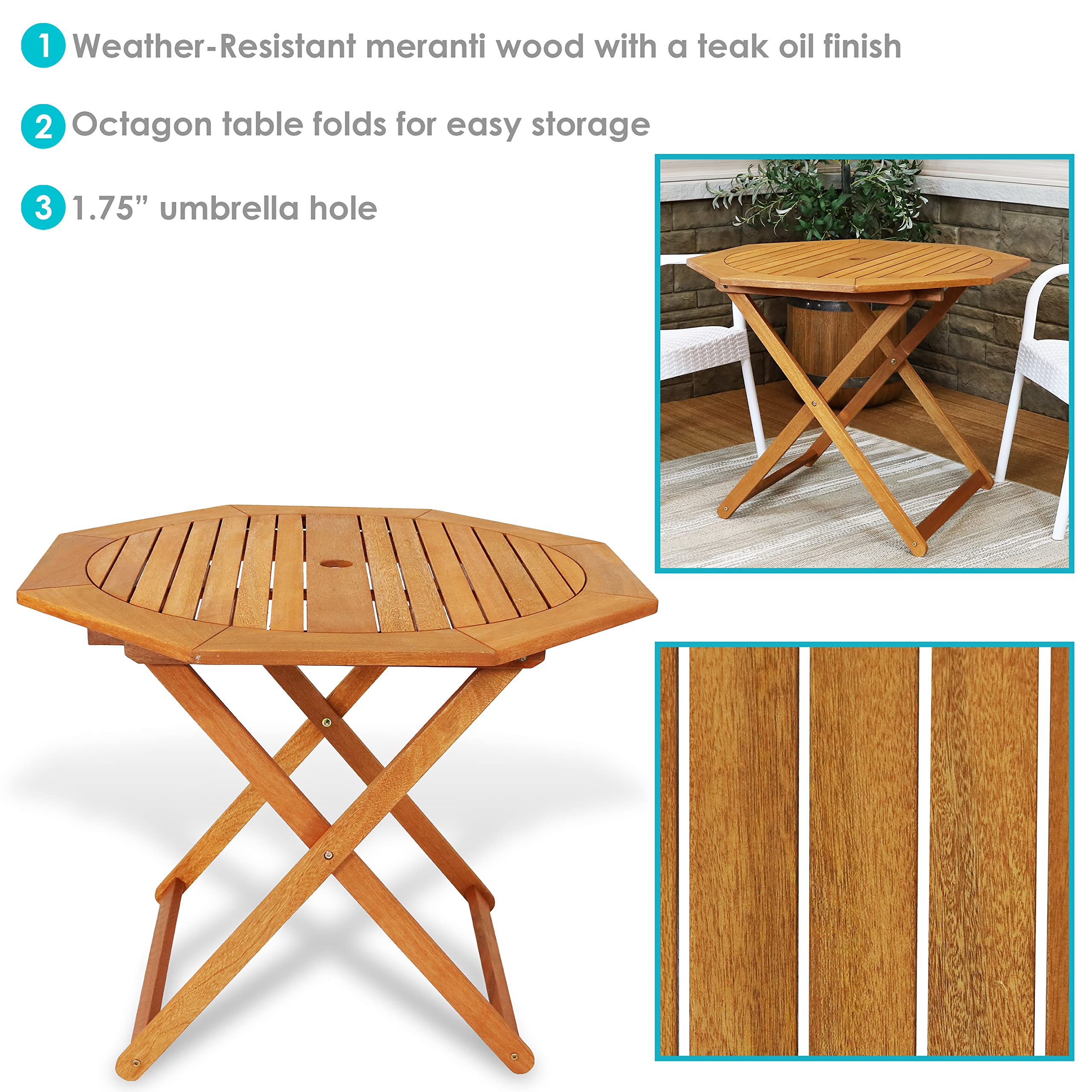 Sunnydaze Meranti Wood Octagon Outdoor Folding Patio Table - Teak Oil Finish - Perfect for Backyard, Garden, Poolside & Patio Dining