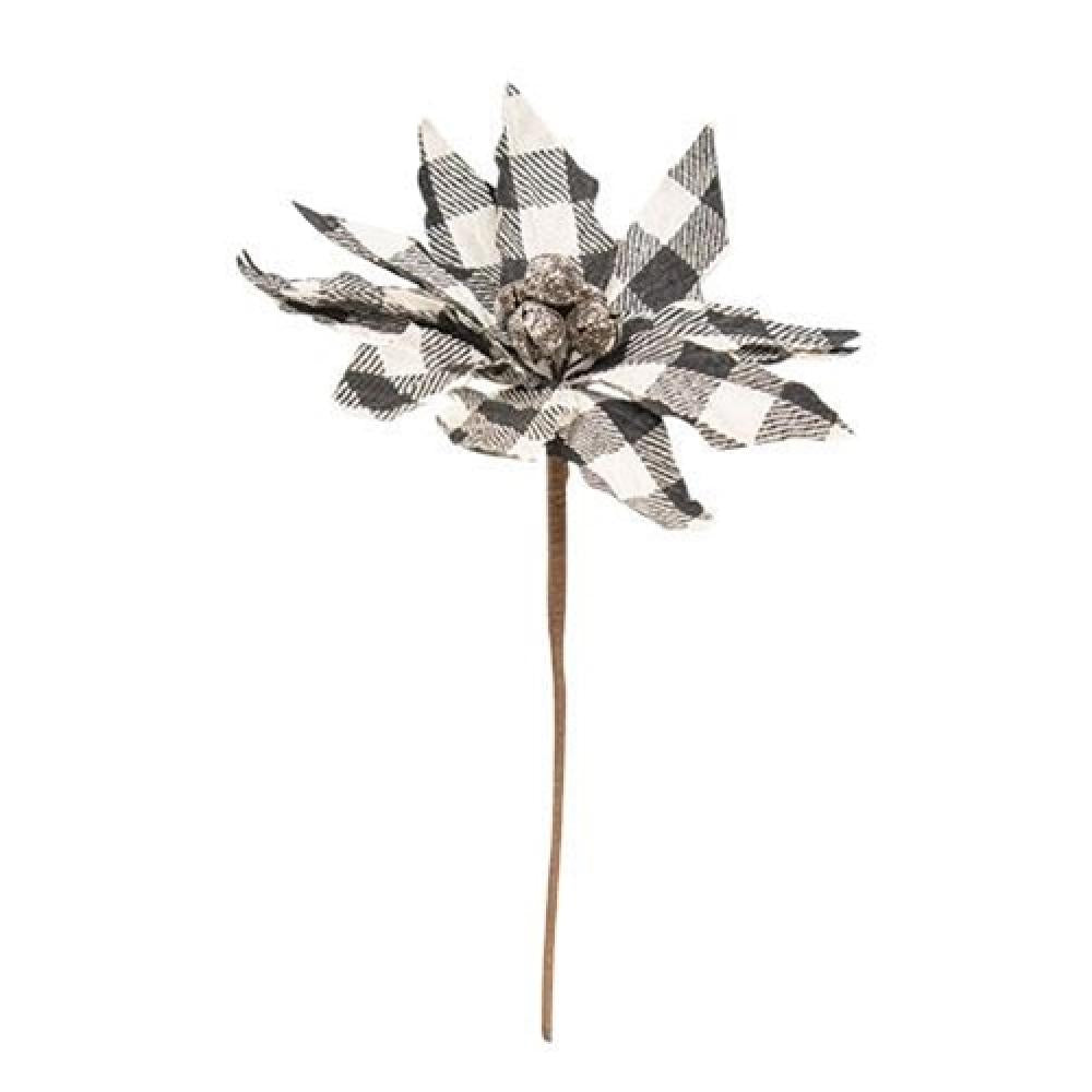 Black and White Buffalo Check Poinsettia Christmas Floral Spray - Perfect for Holiday Decorations, Wreaths, and Table Centerpieces