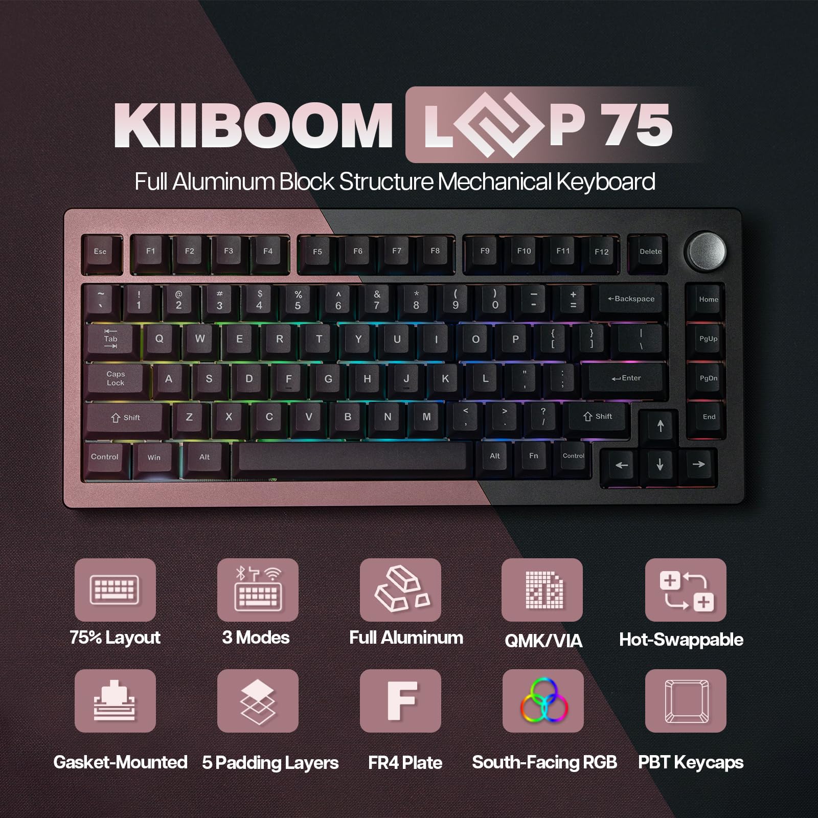 KiiBoom Loop 75 75% Compact Mechanical Keyboard - Full Aluminum Body, QMK/VIA Programmable, Wireless BT5.0/2.4GHz/USB-C, Gasket Mount, FR4 Plate, RGB Backlit for Windows/Mac (Red Black) - Perfect for Gaming, Coding & Office Work