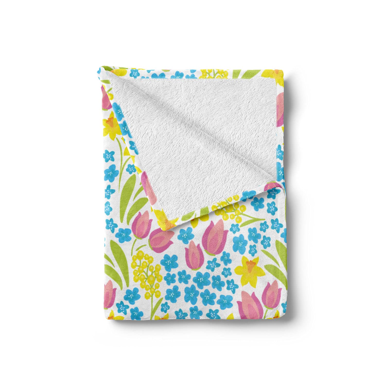 Ambesonne Floral Throw Blanket - Spring Meadow with Daffodils Tulips & Mimosas - Soft Fleece Couch Cover 70x90 Inches - White & Multicolor Accent Blanket for Living Room, Bedroom & Outdoor Picnics