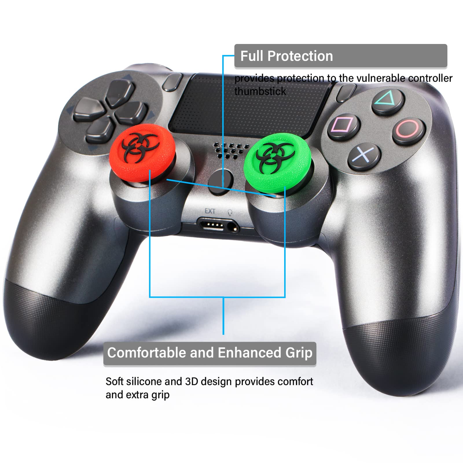 Playrealm Soft Silicone 3D Textured Thumb Grip Covers - 4 Pack for PS4, Xbox One, Switch PRO Controller (BioH Red Green) - Enhance Gaming Comfort & Prevent Slipping During Long Play Sessions