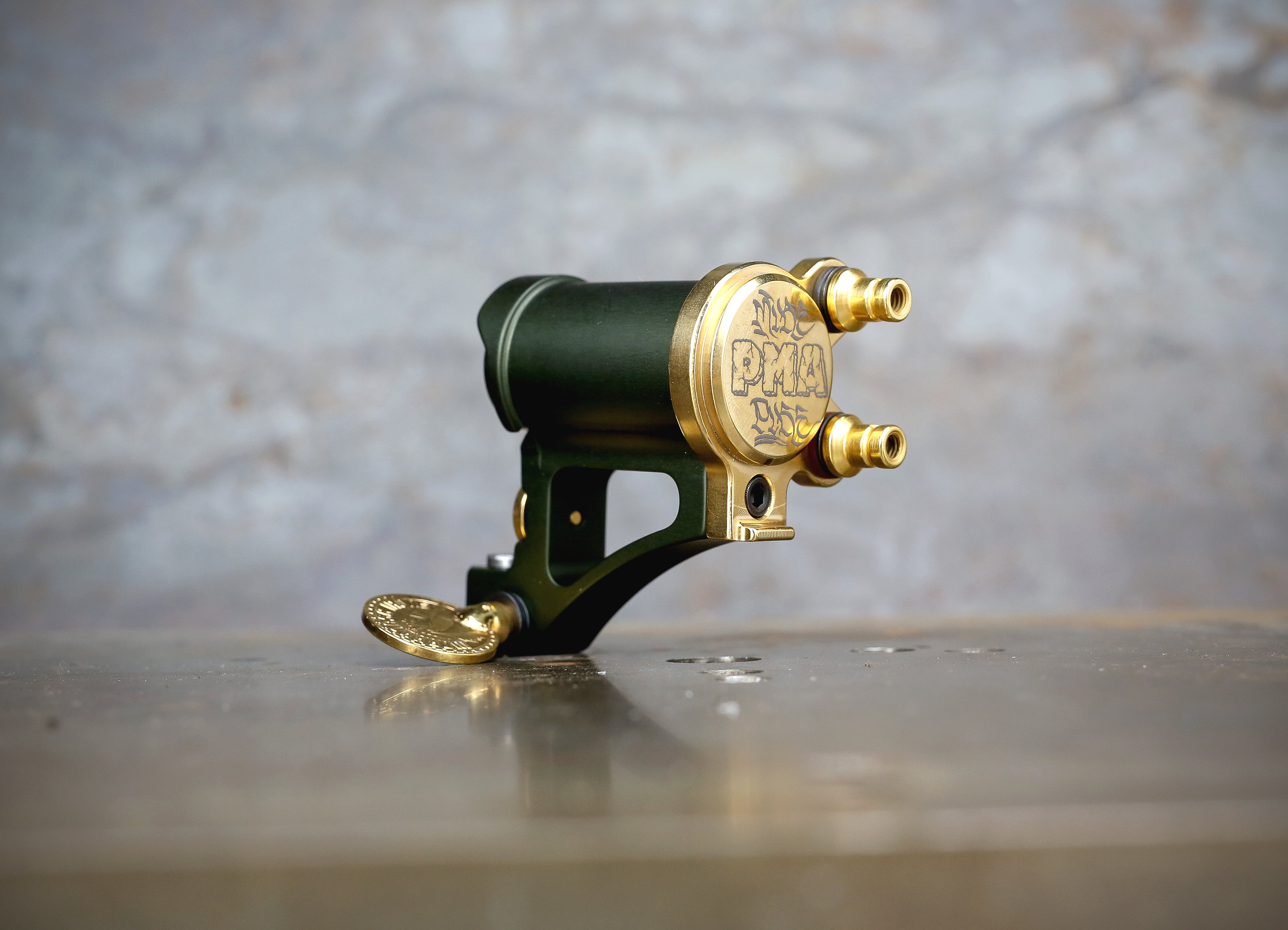 Limited Mike Pike PMA Direct Drive Rotary Tattoo Machine - Olive Green & Gold Finish for Professional Tattoo Artists | Perfect for Lining, Shading & Detailed Tattoo Work