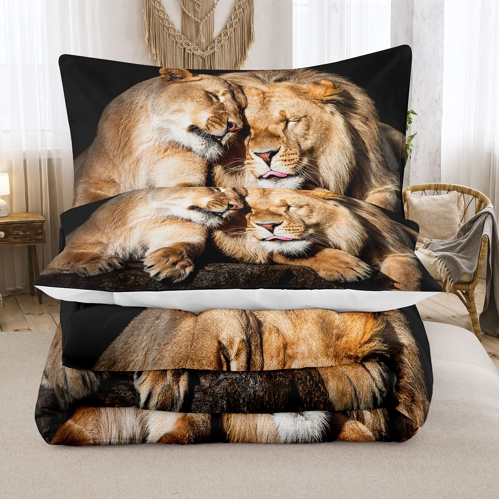 Bodhi Lover Couple Lion Comforter Set - Full Size Soft Microfiber Bedding with 1 Comforter & 2 Pillow Shams - Animal Print Lion Design #4004 - Perfect for Cozy Bedrooms, Kids Rooms & Bohemian Decor