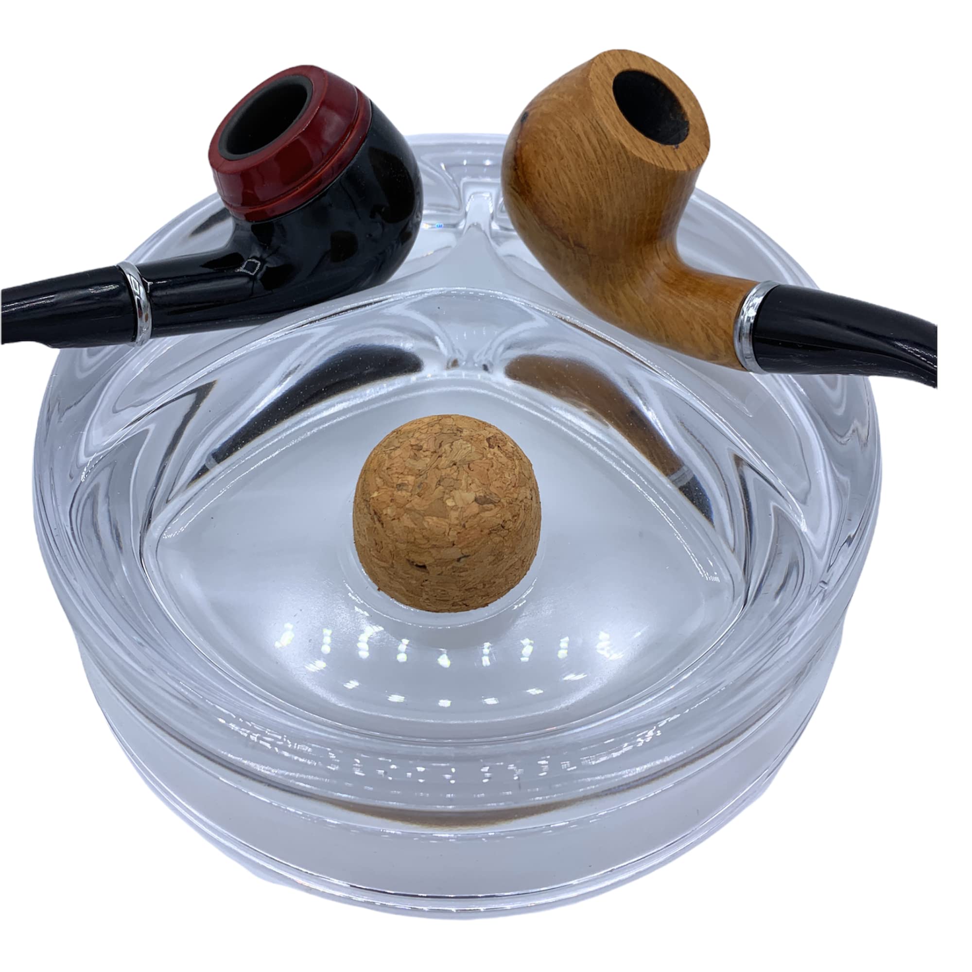 Premium Heavy Glass Tobacco Pipe Ashtray with Cork Knocker & 2 Pipe Stands - 6.5