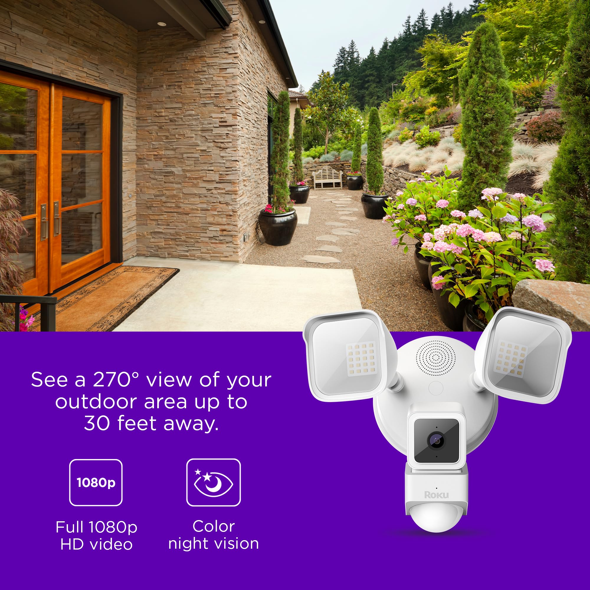 Roku Floodlight Camera - Wired Outdoor Security Camera with 270° View, 1080p HD Night Vision, Dimmable Floodlights, Motion & Sound Detection - Ideal for Home Security, Garage & Backyard Monitoring (90-Day Subscription Included)