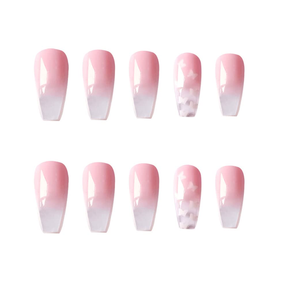 SINLOV 24pcs Coffin Press on Nails - Nude Gradient False Nails with Butterfly Design, Long Ballerina Artificial Nails for Women & Girls, Full Cover Fake Nails Tips (Pink 5) - Perfect for Parties, Weddings, and Daily Wear