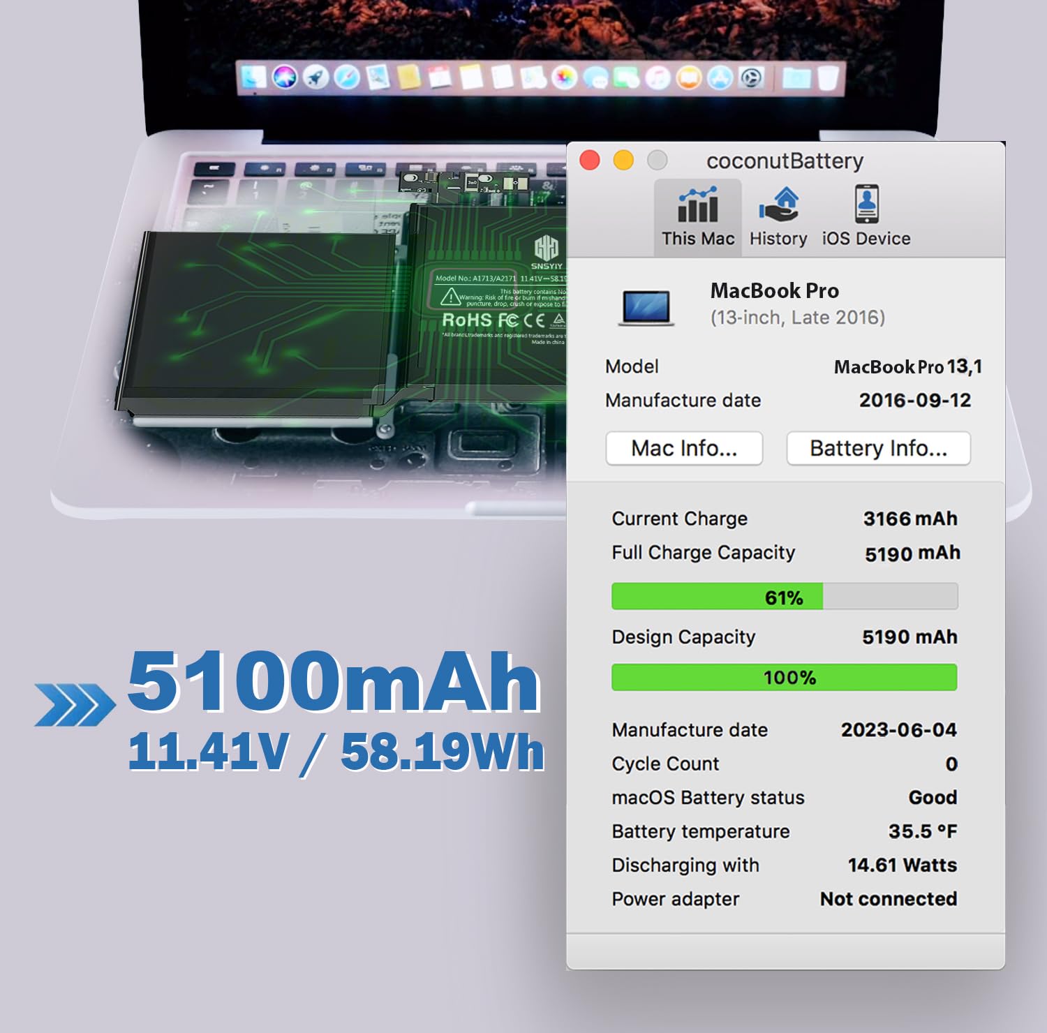Original MacBook Pro 13-inch A1708 Battery Replacement for Late 2016 & Mid 2017 Models (EMC 2978, 3164) - Compatible with A2159 (2019), A2289 (2020), A2338 (2020) - High-Performance Laptop Battery for Work, Study & Creative Projects