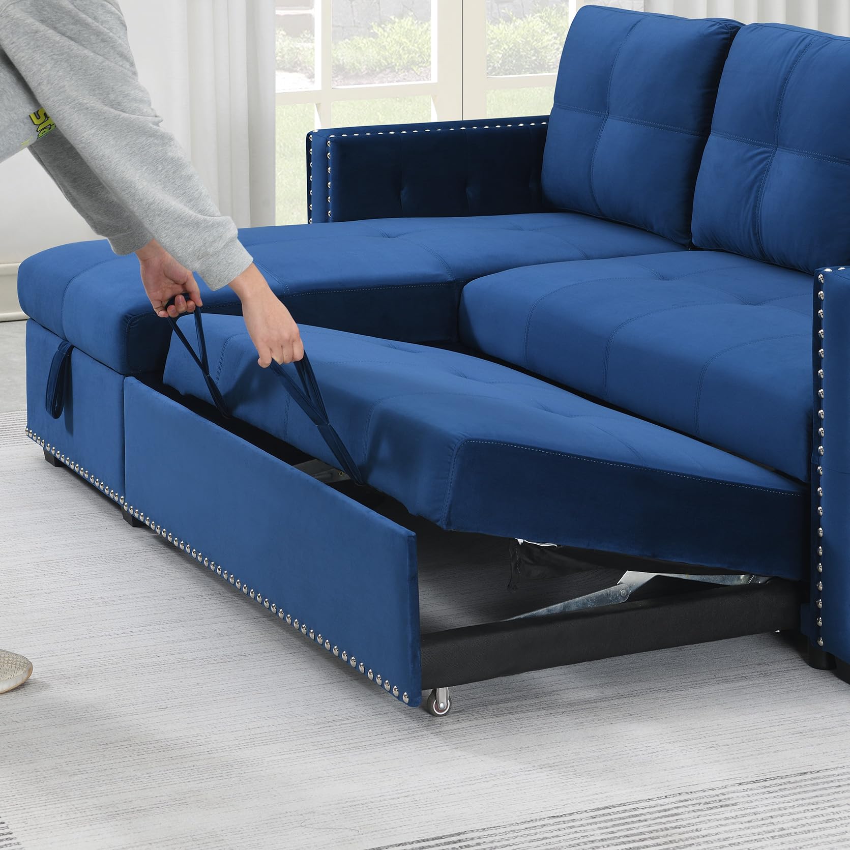 Modern L-Shape Sectional Sleeper Sofa with Pull-Out Bed & Storage - Queen Size 91