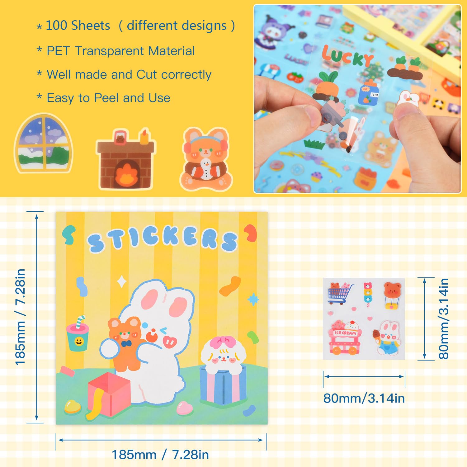 Kawaii Cartoon Stickers Set - 50PCS Transparent PET Scrapbook Stickers for Bullet Journal, DIY Crafts, Planners & Notebooks | Waterproof Decorative Decals for Scrapbooking, Junk Journals, Calendars & School Supplies | Perfect for Arts, Gift Wrapping & Office Organization