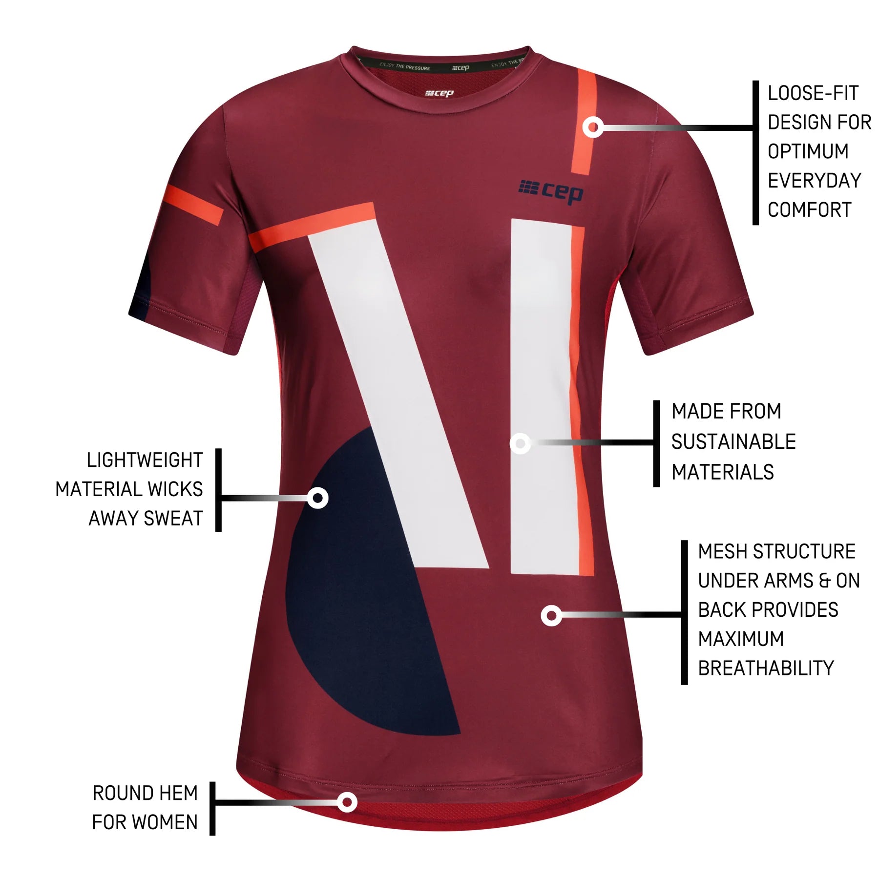 CEP Women's The Run Shirt - Round Neck Short Sleeve V5 Athletic Top - Dark Red Geometric Print Running Shirt for Women | Perfect for Jogging, Gym Workouts & Outdoor Activities