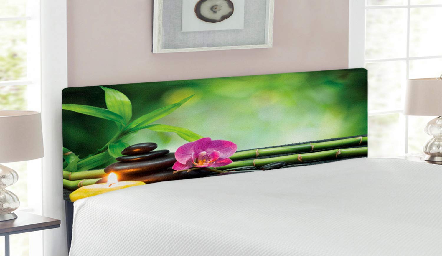 Ambesonne Queen Size Spa Headboard - Orchid Bamboo Stems & Stones Japanese Style Upholstered Metal Bed Frame with Memory Foam | Feng Shui Decor | Apple Green Fuchsia | Perfect for Bedroom Relaxation & Zen Decor