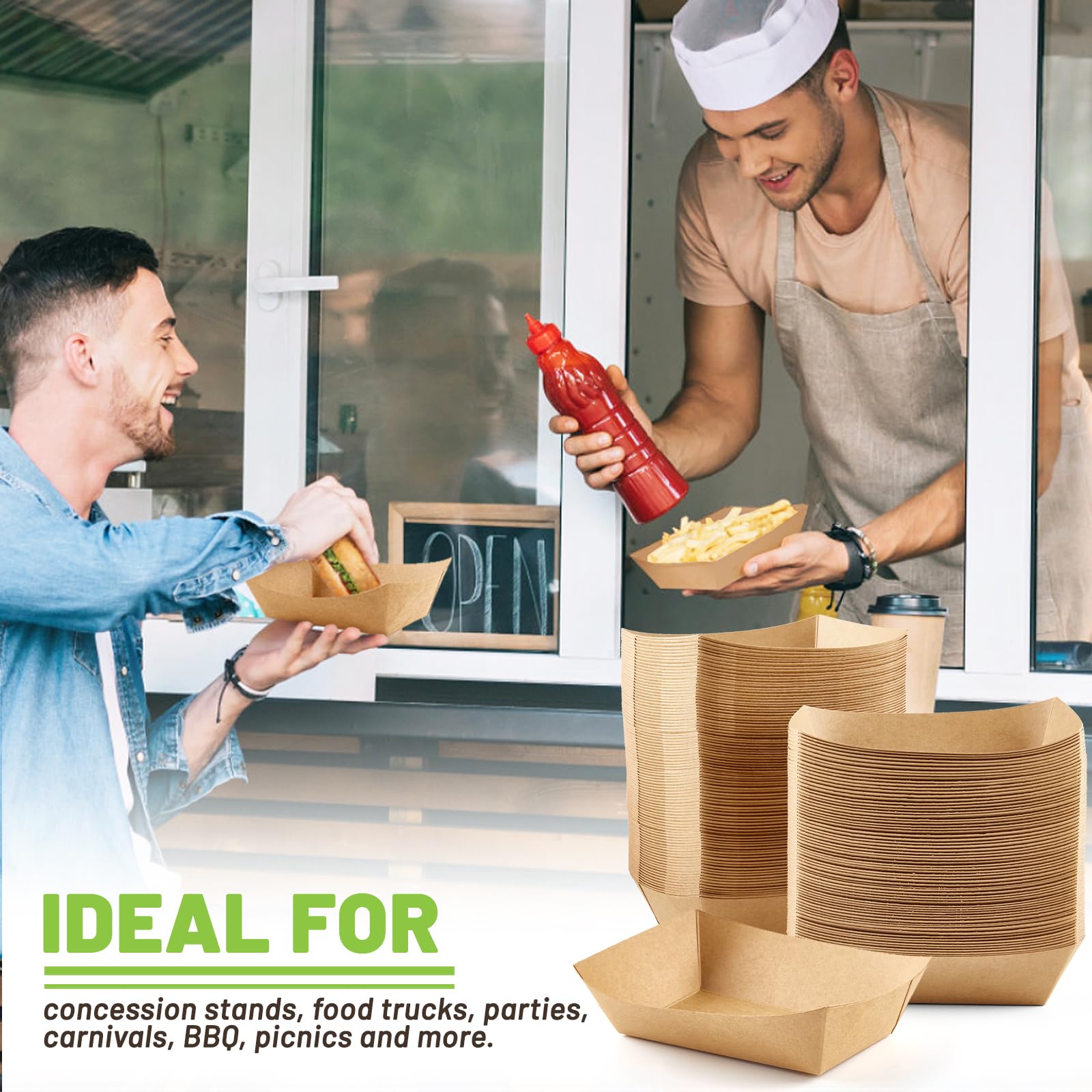 2 Lb Disposable Paper Food Trays - 100 Pack Brown Nacho Serving Boats for Party Snacks, Hot Dogs, Tacos & Fries | Eco-Friendly Takeout Containers for Restaurants, Catering & Picnics