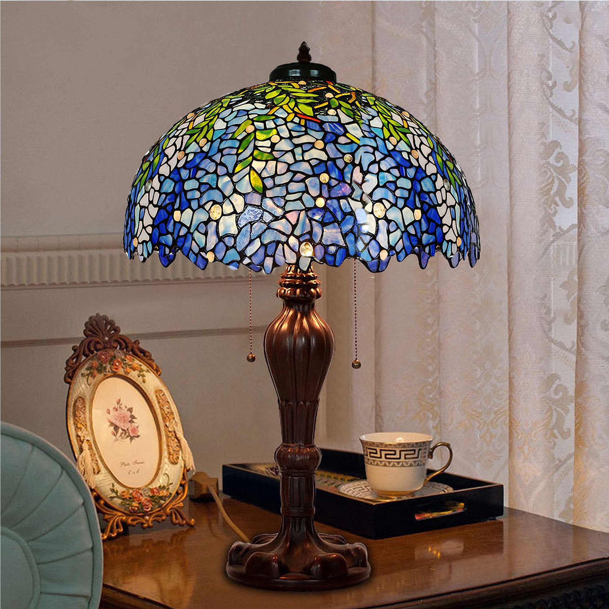 Tiffany Style Stained Glass Purple Wisteria Table Lamp - 16 Inch Handmade Zinc Alloy Base with Brown Round Shade | Elegant Home Decor for Living Room, Bedroom & Office Lighting