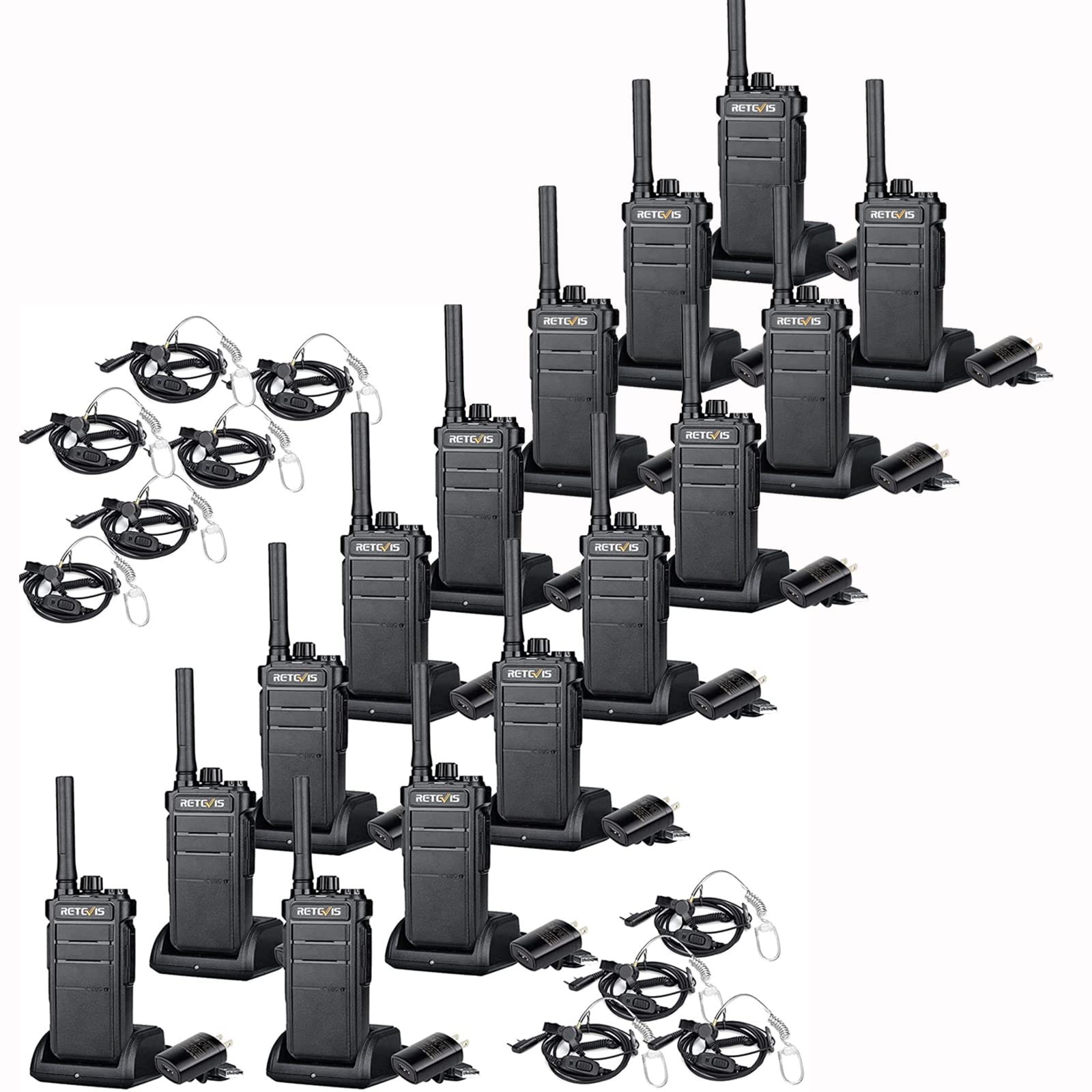 Retevis RB26 Long Range Walkie Talkies - 15 Pack with 10 Earpieces - 2 Way Radios for Construction, Outdoor Adventures & Emergency Communication