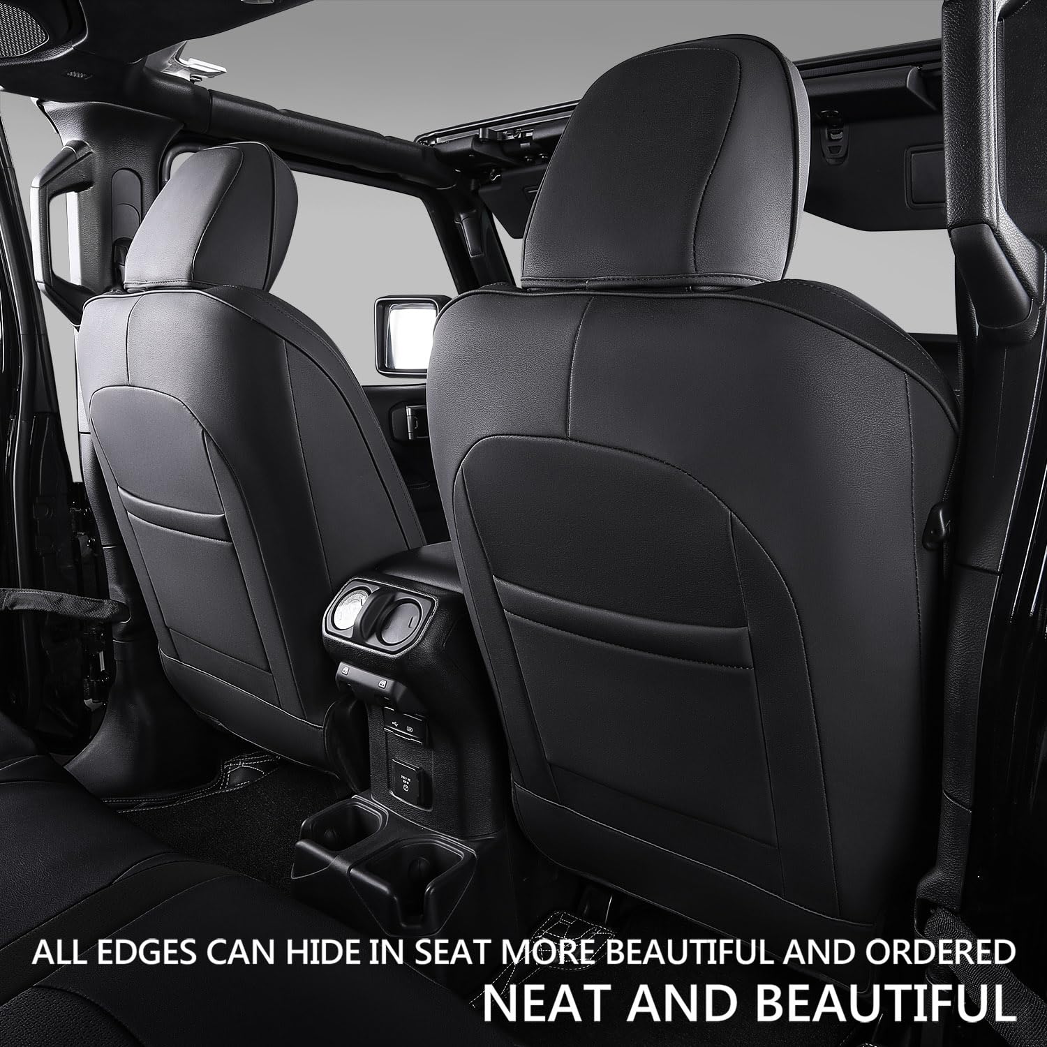 Premium PU Leather Seat Covers for 2018-2024 Jeep Wrangler JL - 4 Door Replacement Car Seat Protectors (Black, No Rear Cup Holder) | Waterproof & Durable Interior Accessories for Off-Roading & Daily Commuting