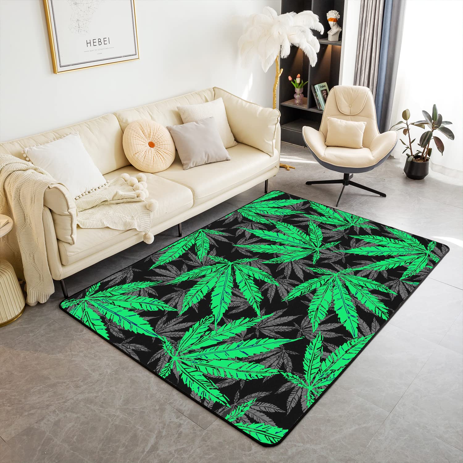 **Jejeloiu Marijuana Weed Leaf Area Rug 4x5 ft - Cannabis Leaves Decorative Rug for Living Room, Bedroom & Dorm - Green Grey Black Botanical Plant Print Accent Rug - Perfect for Home Decor & Stoner Gifts**