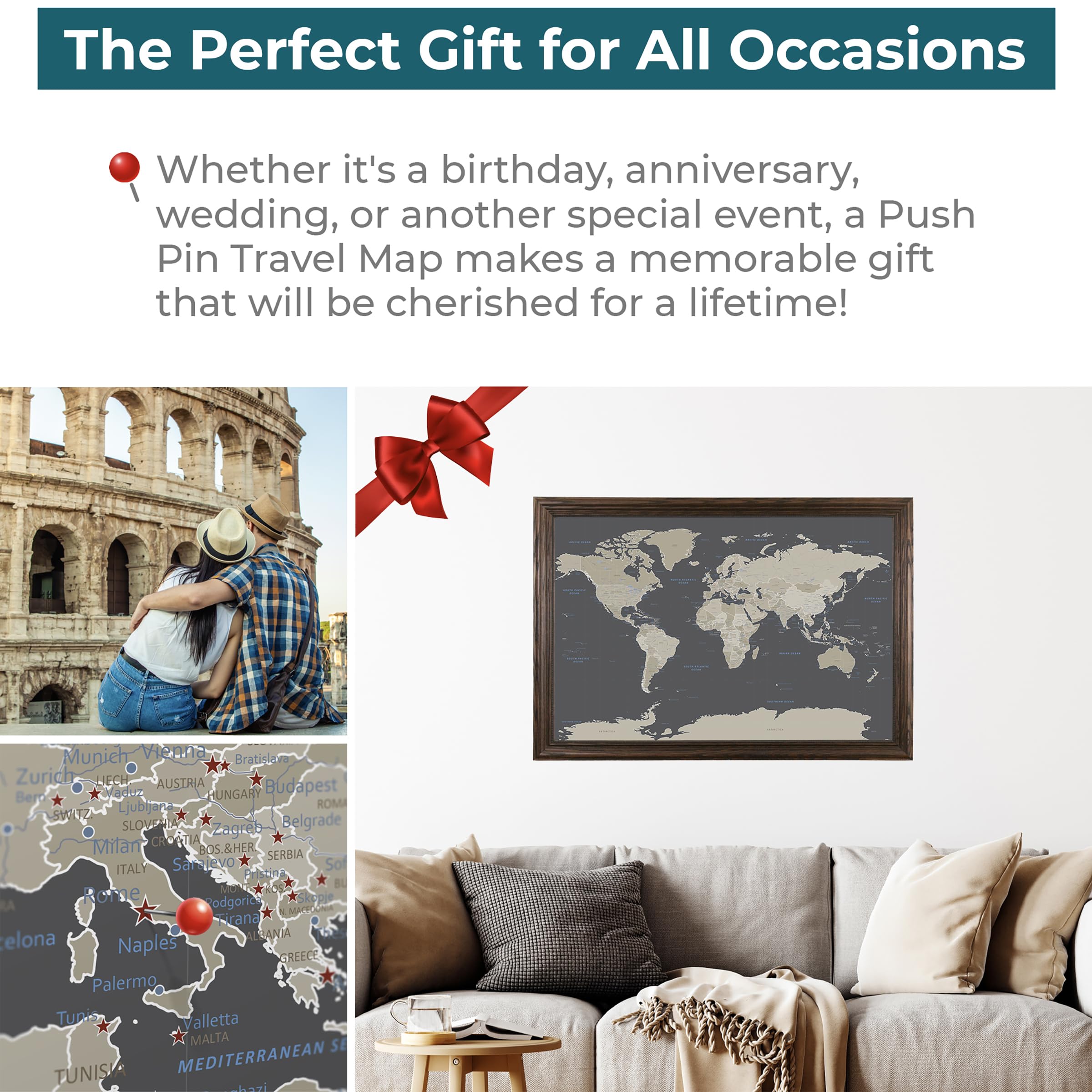 Custom Push Pin Travel Map - Handcrafted Solid Wood Framed World Map with 150 Pins - Earth Tone Wall Decor for Home Office - 27.5