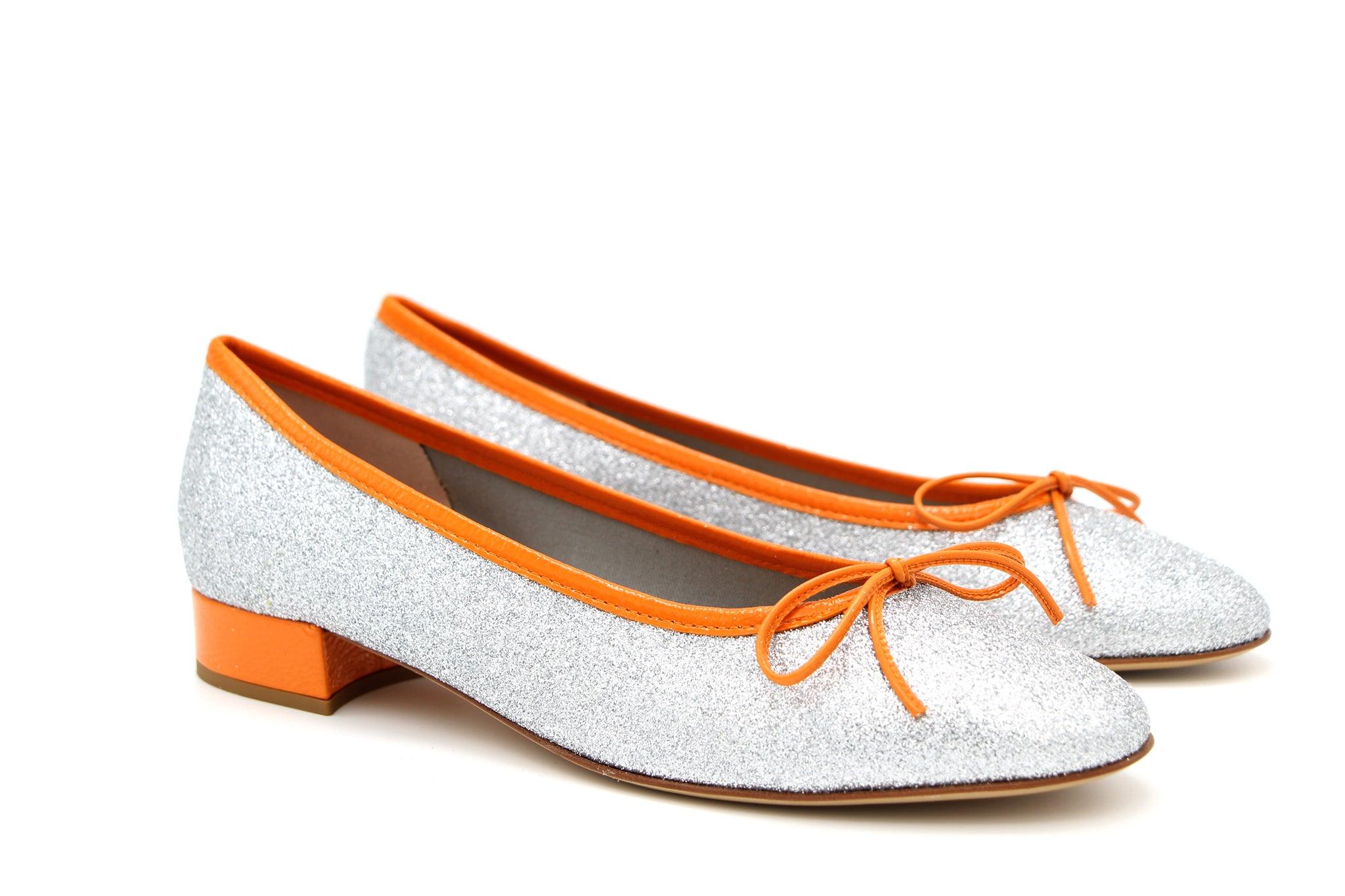 FABUCCI Women's Silver Shimmer Ballet Flats with Orange Trim - Comfortable Slip-On Shoes for Work, Party & Casual Wear