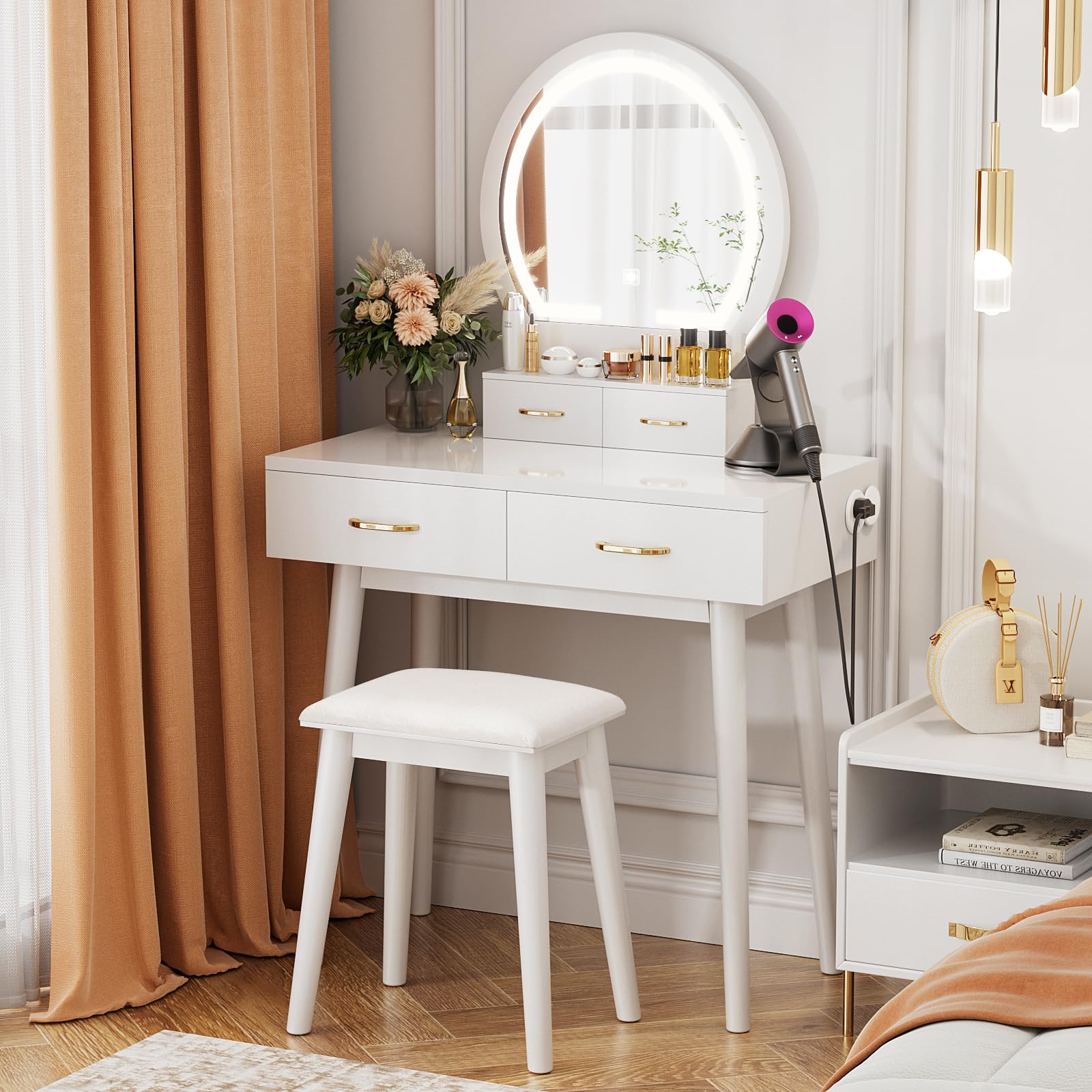 Lighted Makeup Vanity Desk with Mirror - Adjustable 3-Color Lighting & Brightness, Power Outlet, 4 Drawers & Soft Cushioned Stool - White Vanity Table for Women & Girls - Perfect for Bedroom, Dressing Room & Beauty Salon