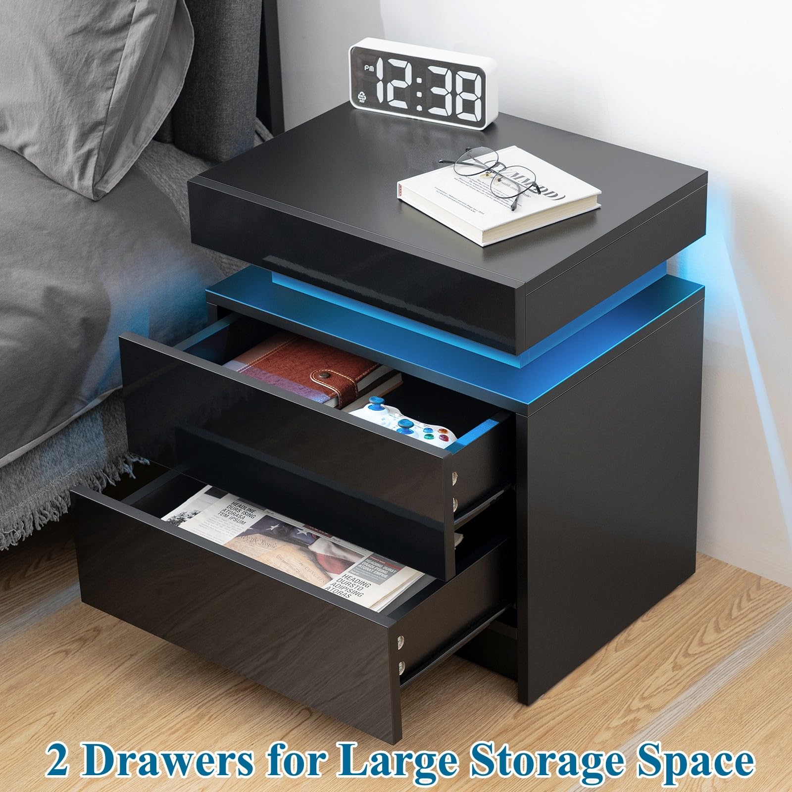 Modern LED Nightstand with 2 Drawers - Smart Bedside Table for Bedroom - Night Light & Storage Solution