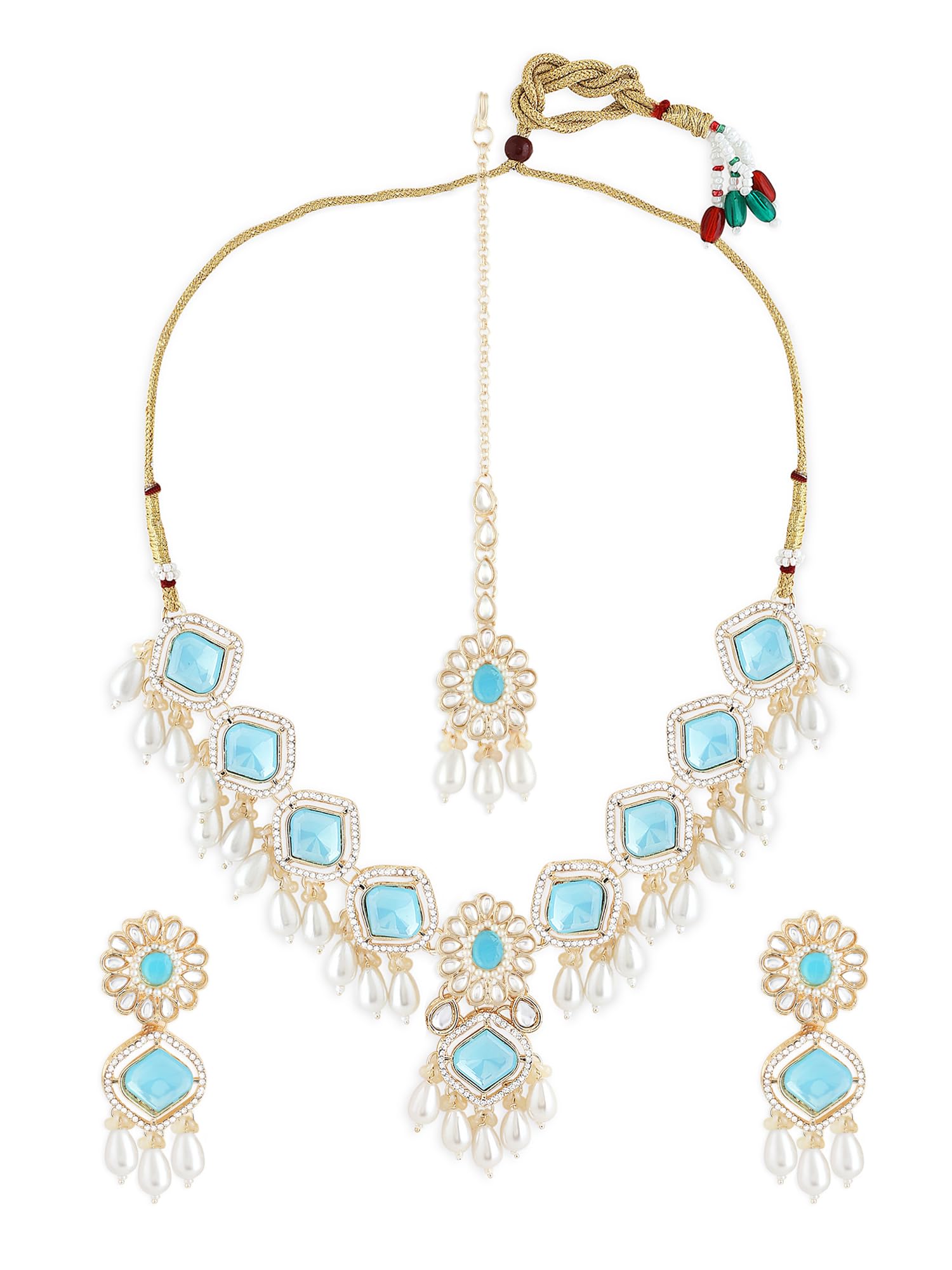 ZAVERI PEARLS Turquoise Blue Stone Austrian Diamond Beaded Drop Necklace & Earrings Set with Maangtikka for Women | Bridal Jewelry, Wedding Accessories, Party Wear, Indian Ethnic Outfit Enhancer - ZPFK17782