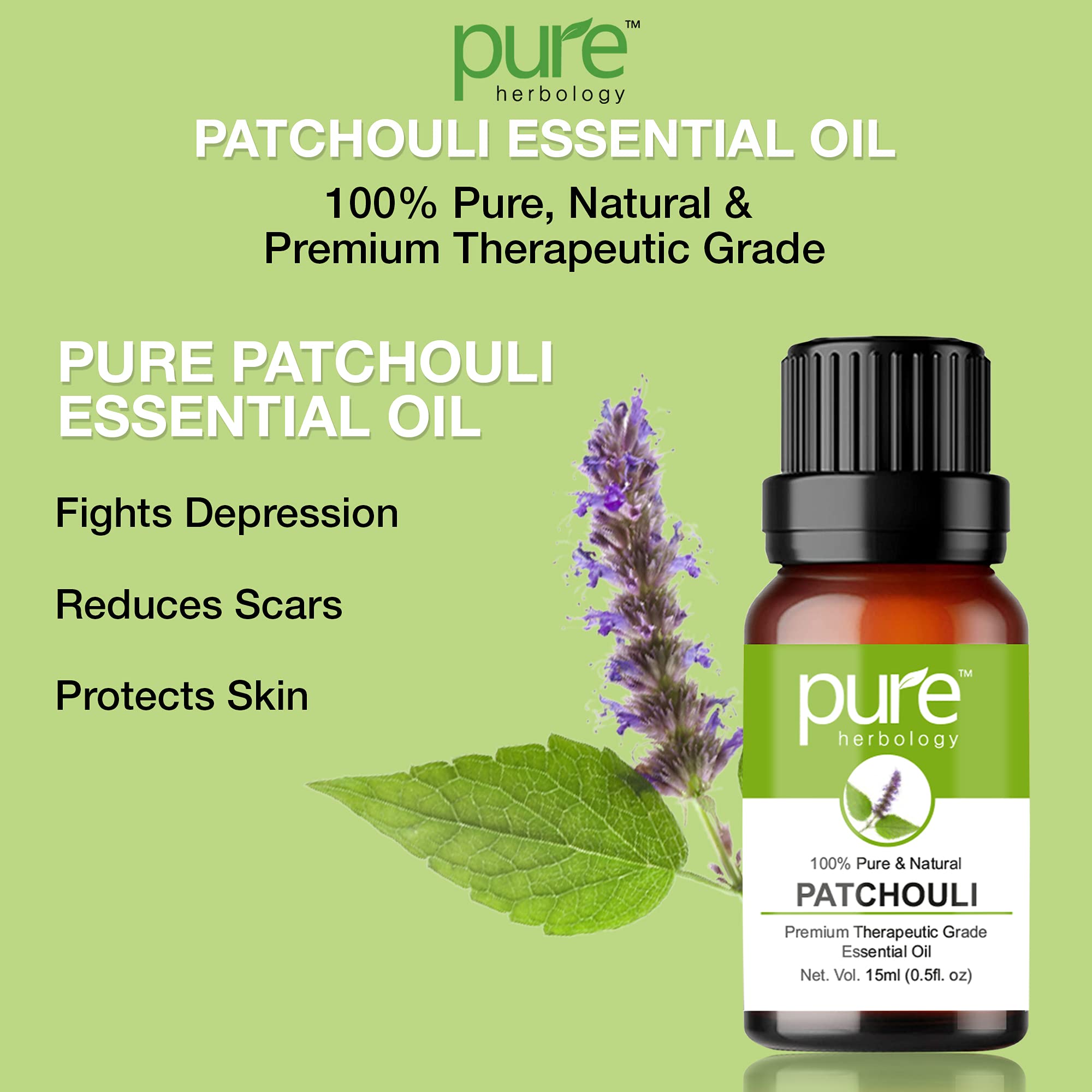 Pure Patchouli Essential Oil 15ml - Skin & Hair Care, Stress Relief for Aromatherapy