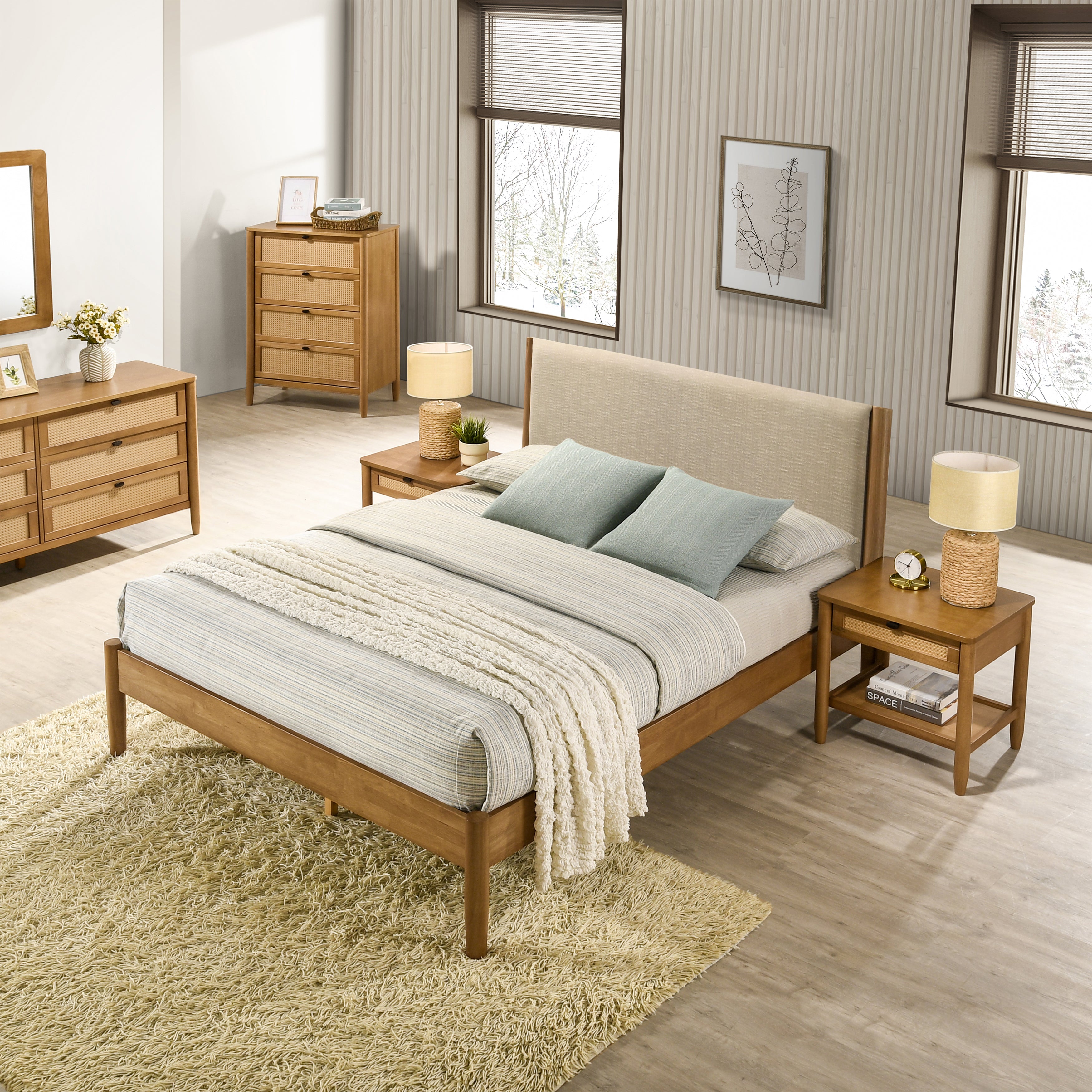 Roundhill Furniture Vichy 6-Piece Rubberwood Bedroom Set - Queen Upholstered Bed, Dresser, Mirror, 2 Nightstands & Chest | Solid Wood Furniture for Master Bedroom, Guest Room & Apartment Decor