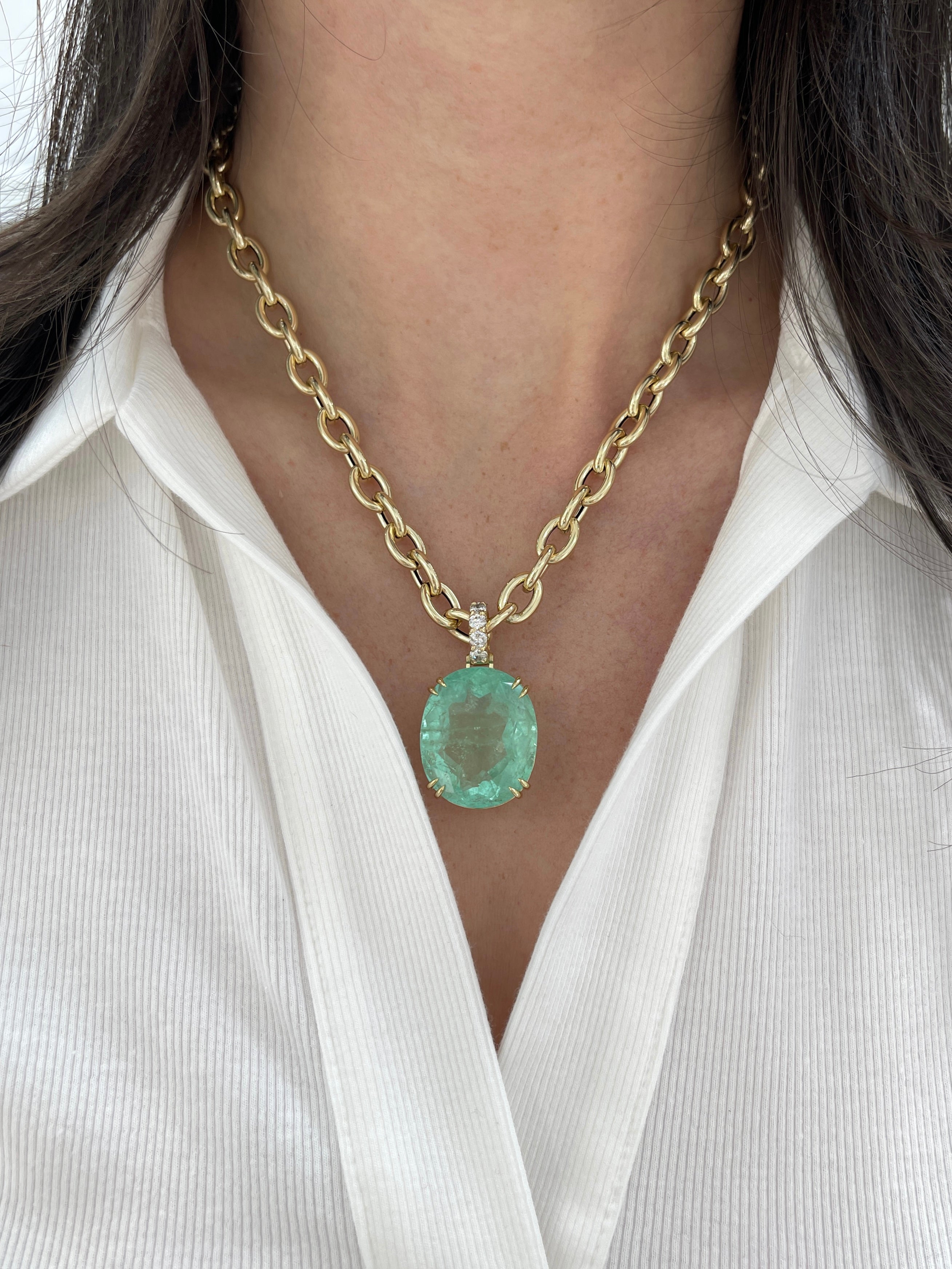 63.14 Carat Genuine Colombian Emerald & Diamond 18K Gold Pendant - Light Green Oval Cut Natural Gemstone Jewelry for Women - Perfect for Weddings, Anniversaries & Special Occasions