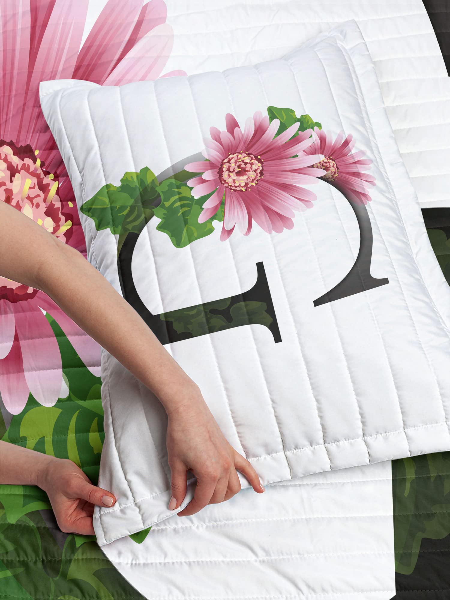 Ambesonne Reversible Twin Size Bedspread Set with Letter G Design - Blossoming Gerbera Flower & Spring Inspired Font - Includes Comforter & Pillow Shams - Soft Microfiber Bedding in Pink, Green & Black - Perfect for Spring Decor, Kids Room or Gift Idea