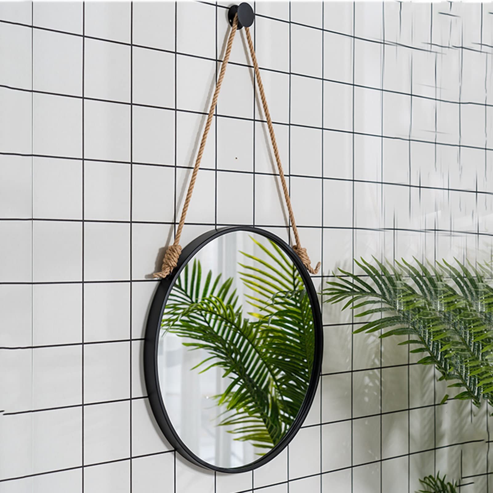 Black Metal Frame Round Hanging Wall Mirror with Hemp Rope - 15.7 Inch Bathroom Vanity Mirror for Bedroom, Entryway & Store Decor (40cm Diameter) - Perfect for Home, Office & Retail Spaces