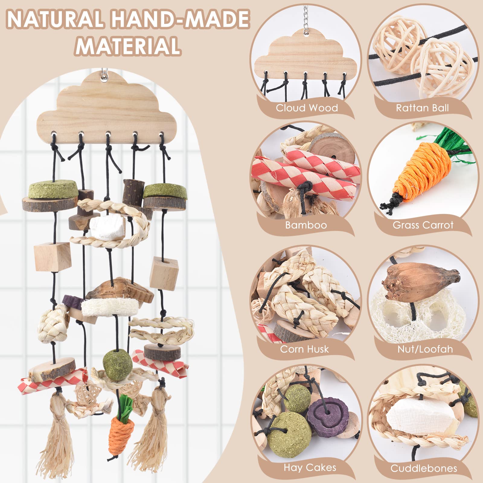 Rabbit Chew Toy with Snacks - Wooden Teeth Grinding Treat for Small Pets like Guinea Pigs & Hamsters - Cage Hanging Toy for Bunnies