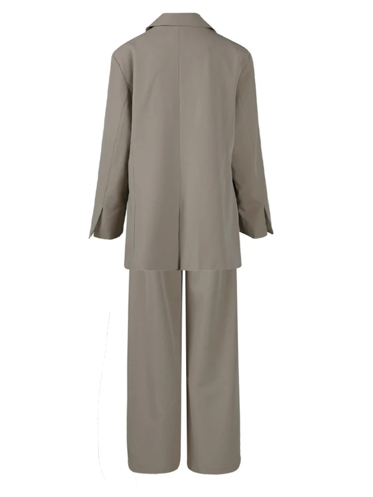 Women's Big Size Khaki Long Blazer & Wide Leg Pants Two-Piece Suit - Lapel Long Sleeve Fashion Set for Spring & Autumn 2025 | Office Wear, Business Casual, Formal Outfits
