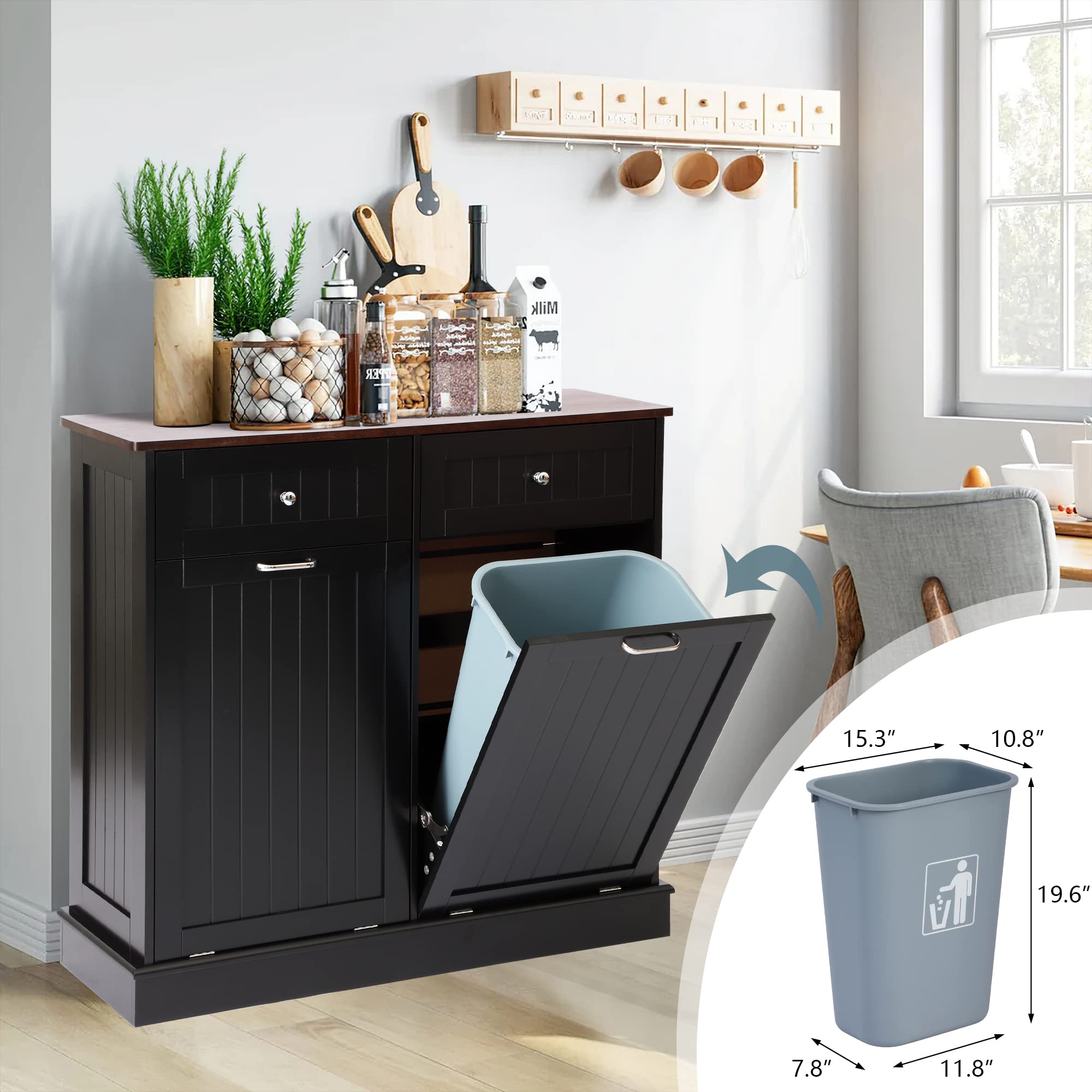 KIGOTY Double Tilt Out Trash Cabinet - Pet Proof Kitchen Trash Can with Countertop & Drawer Storage - Wooden Laundry Hamper Organizer for Kitchen, Bathroom, Laundry Room - Black (Perfect for Small Spaces & Pet Owners)