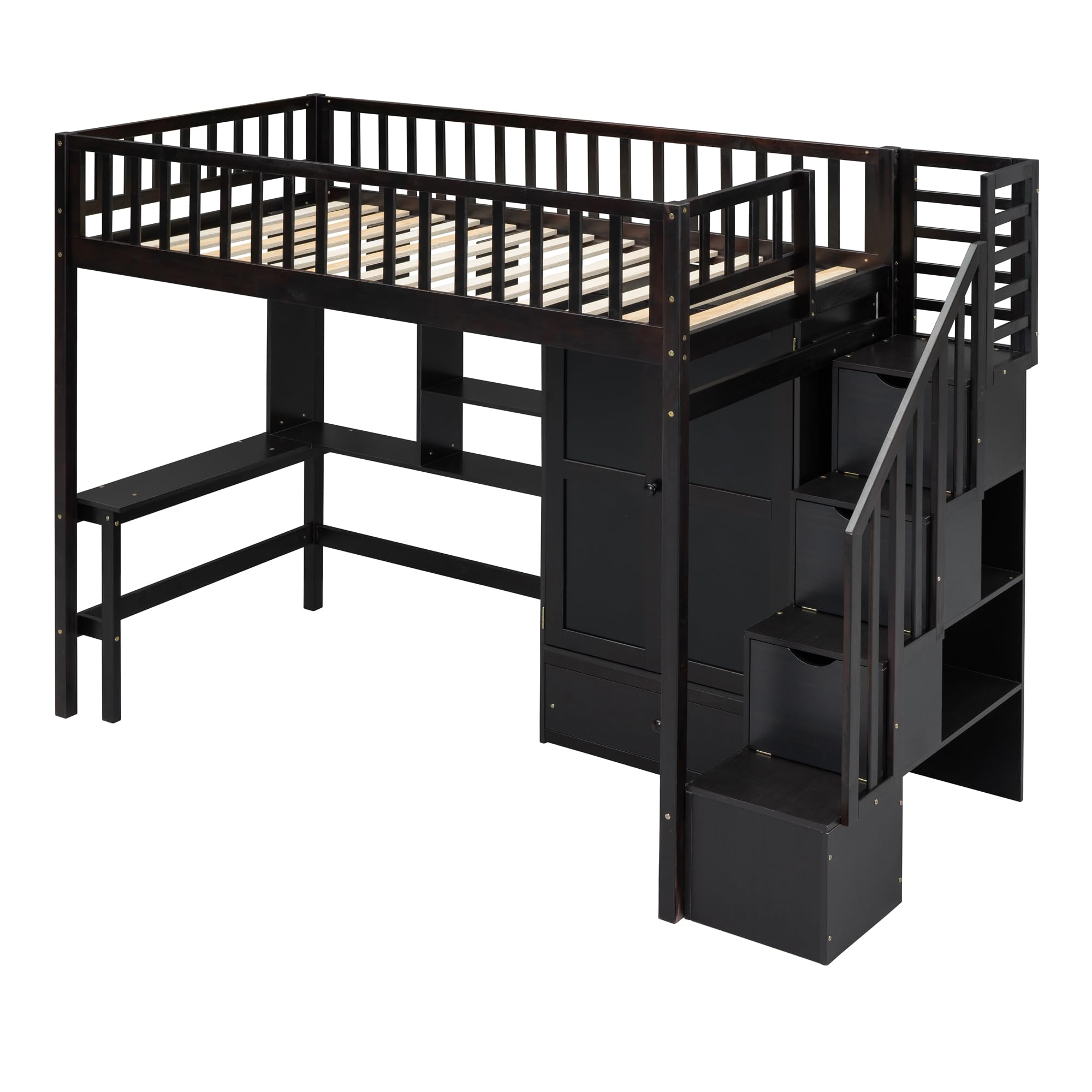 Espresso Twin Loft Bed with Staircase, Desk & Wardrobe - Wooden Storage Loft Bed with Safety Guardrail for Kids, Teens - Space-Saving Study & Sleep Solution for Small Bedrooms