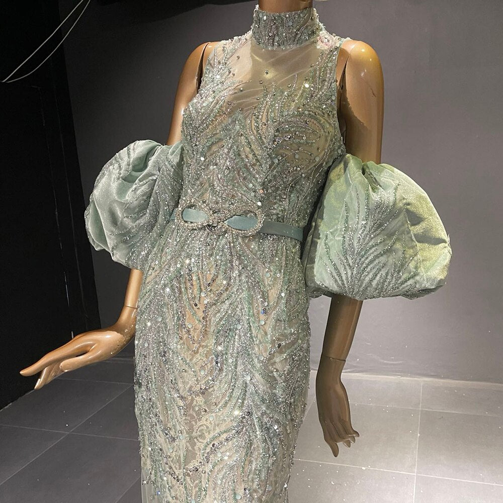 Elegant Beaded Mermaid Evening Gown with Puff Sleeves for Women - Serene Hill Green Luxury Party Dress 2025 (LA71537) | Perfect for Prom, Gala, Wedding & Formal Events