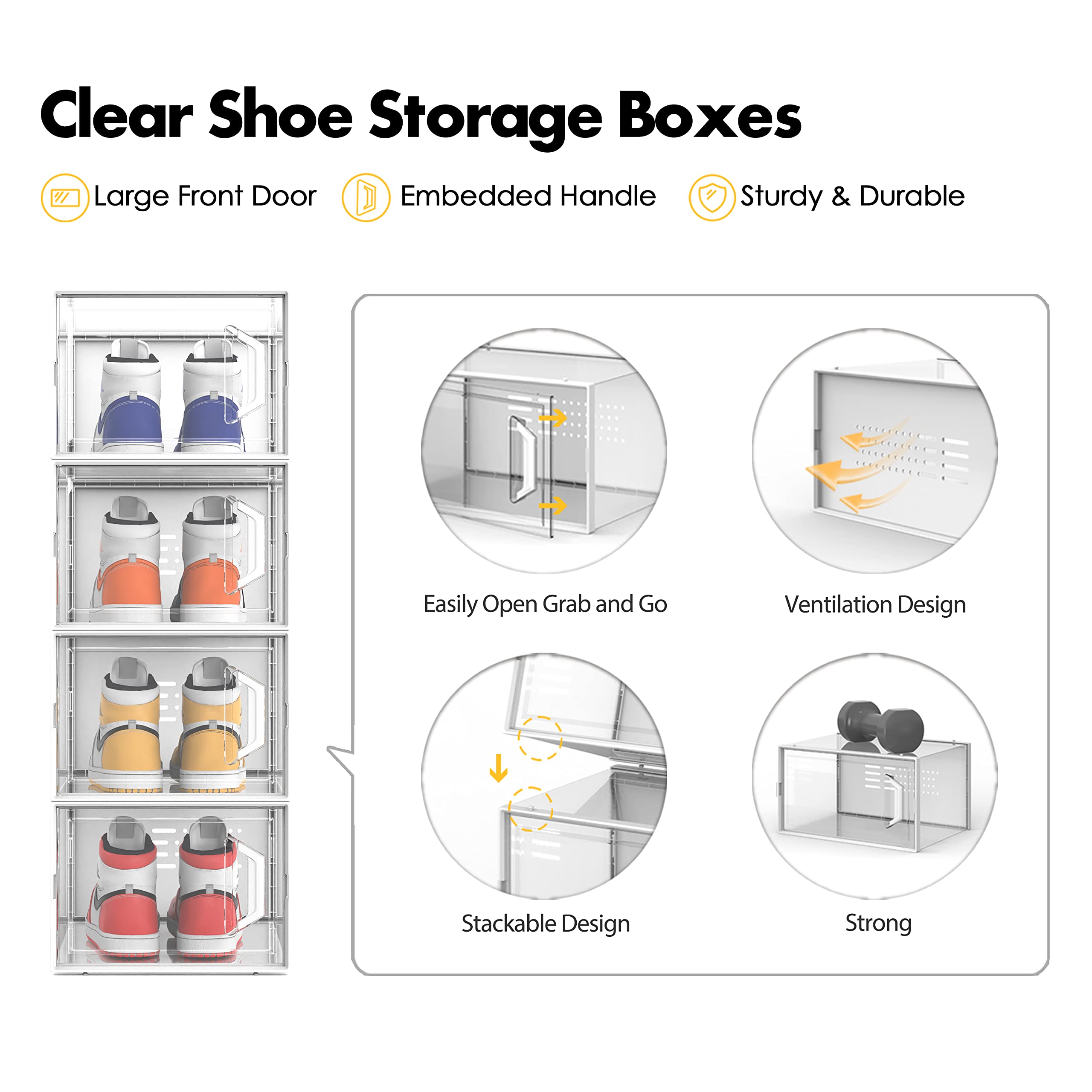 SEE SPRING Large 12 Pack Clear Plastic Shoe Storage Boxes - Stackable & Foldable Shoe Organizer for Closet, Sneaker Rack Containers Bin Holder (Black) - Perfect for Bedroom, Walk-in Closet & Dorm Organization
