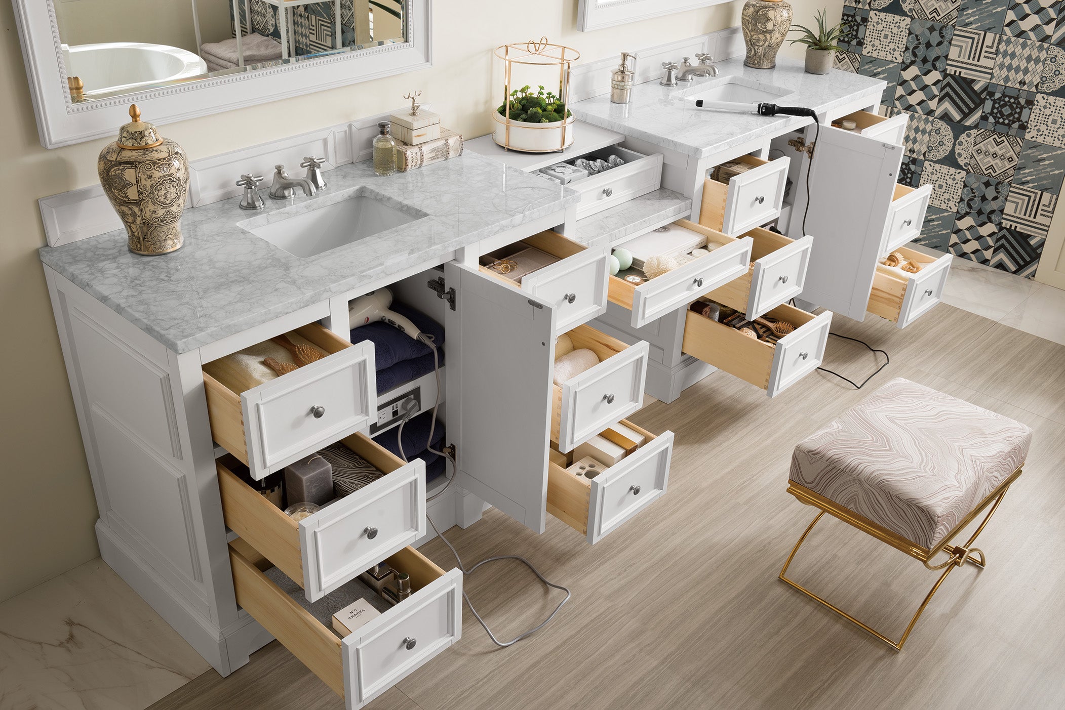 De Soto 118 Double Vanity Set with Makeup Table - Bright White Finish & 3CM Carrara Marble Top | Perfect for Master Bathroom, Guest Bathroom & Beauty Salon Makeup Stations