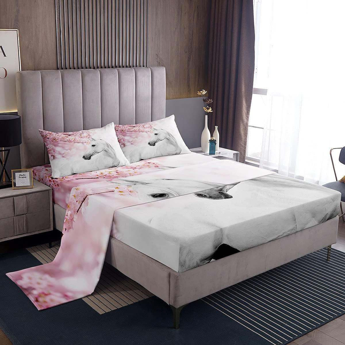 Castle Fairy Horse Bedding Set - Pink Cherry Blossom Farmhouse Design, Deep Pocket Twin Size Sheets with Top Flat Sheet for Girls' Room Decor | Perfect for Kids Bedroom, Dorm Room & Farmhouse Style Home Decor