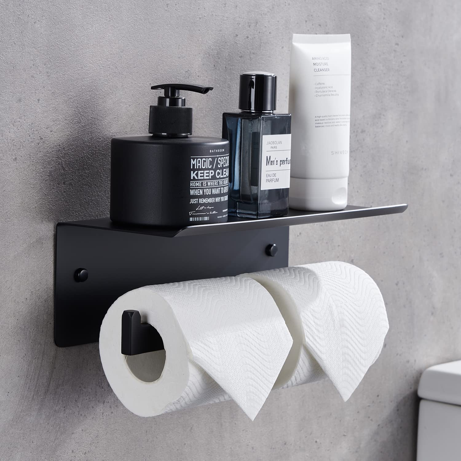 CRW Matte Black Double Roll Toilet Paper Holder with Shelf & Phone Stand - Stainless Steel Wall Mounted Bathroom Tissue Dispenser - Perfect for Home, Office & Commercial Restrooms