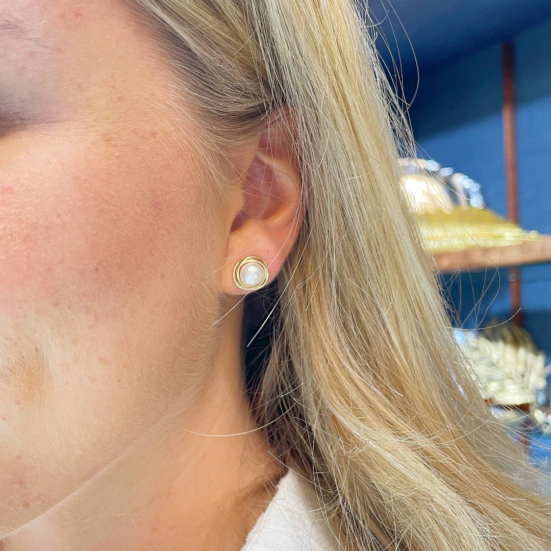 14K Yellow Gold Button Pearl Knot Stud Earrings - Elegant & Timeless Jewelry for Women, Perfect for Weddings, Parties & Everyday Wear