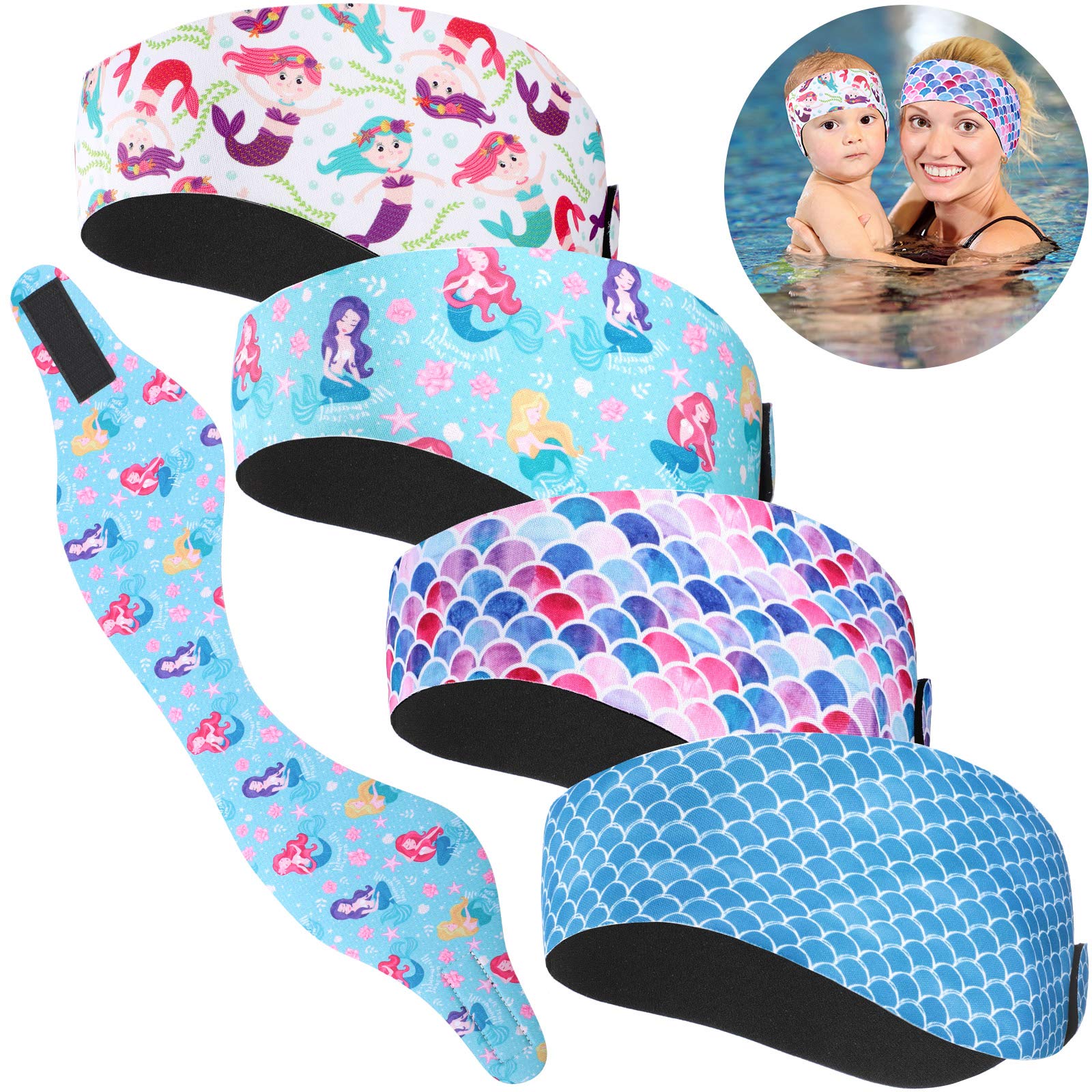 4 Pack Adjustable Swim Headbands for Kids & Adults - Waterproof Ear Protection with Mermaid Design for Swimming, Surfing, Kayaking & Bathing | Stay Dry & Comfortable in Water Activities
