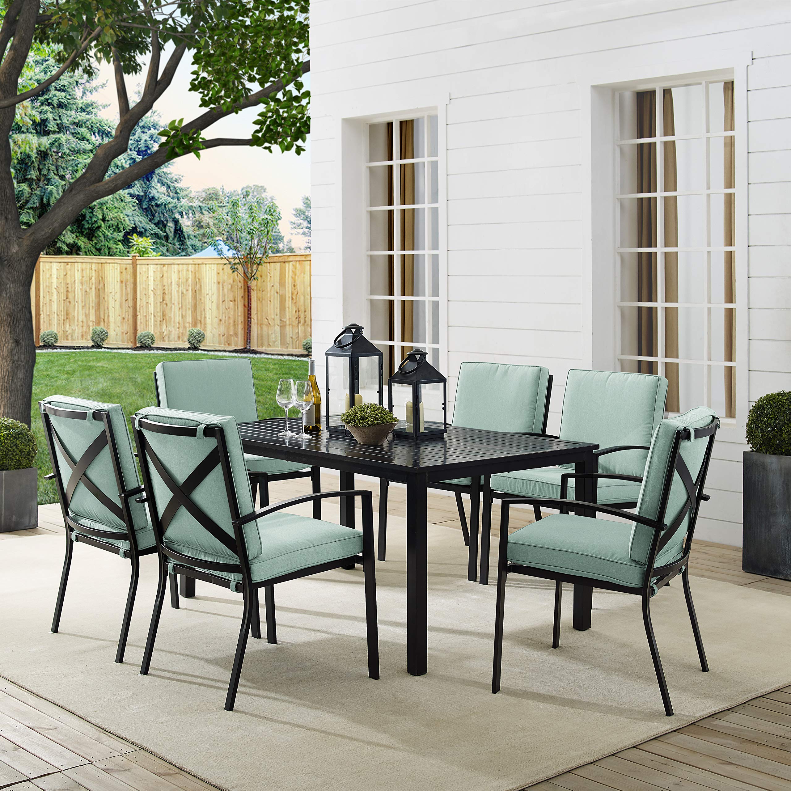 Crosley Kaplan 7-Piece Outdoor Dining Set - Patio Table & 6 Chairs with Oiled Bronze Frame & Mist Cushions - Perfect for Backyard, Deck, Garden & Outdoor Entertaining