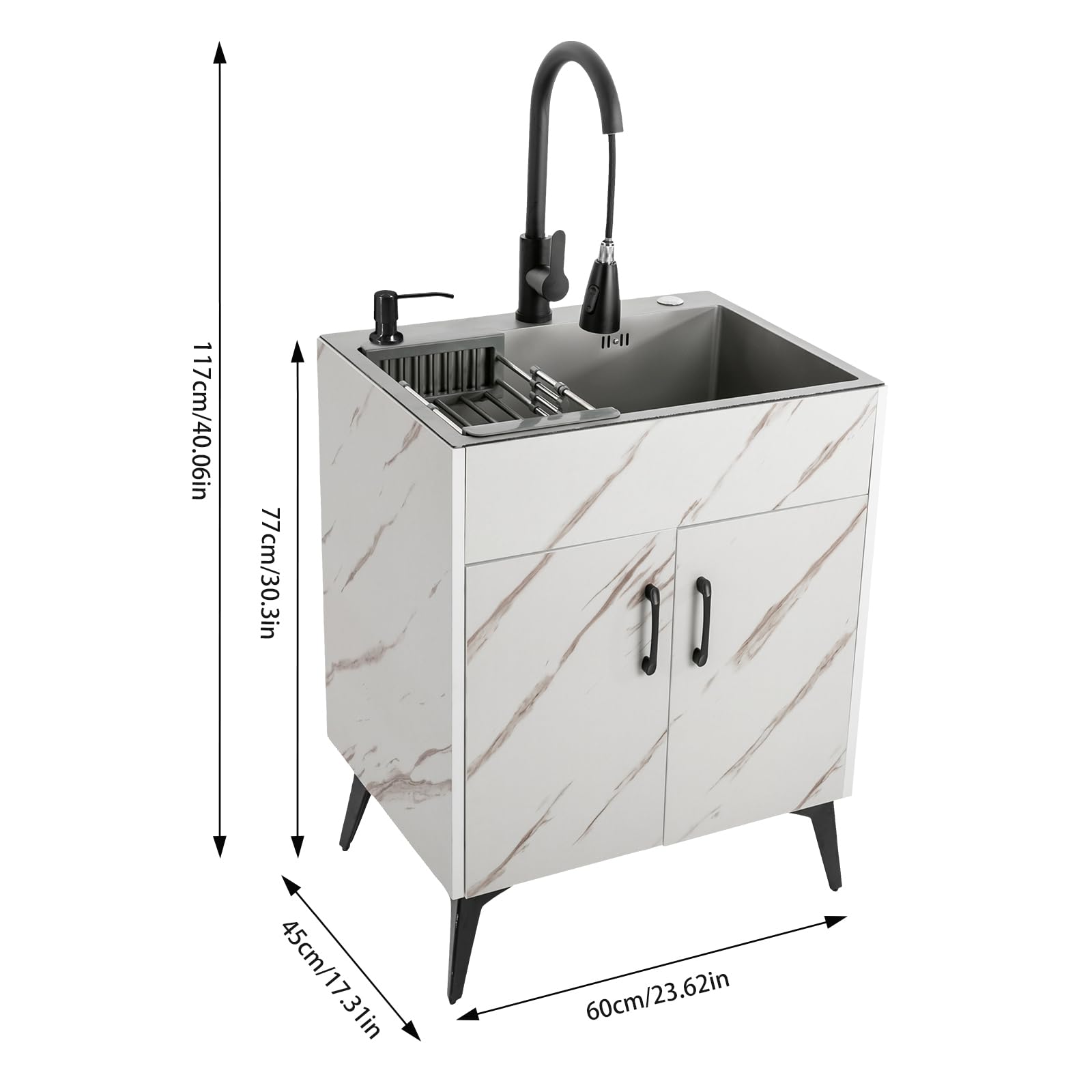 Freestanding Utility Sink with Cabinet - Heavy Duty White Laundry Tub for Kitchen, Basement & Laundry Room | Durable Stainless Steel Basin for Washing Clothes, Cleaning Tools & Household Chores